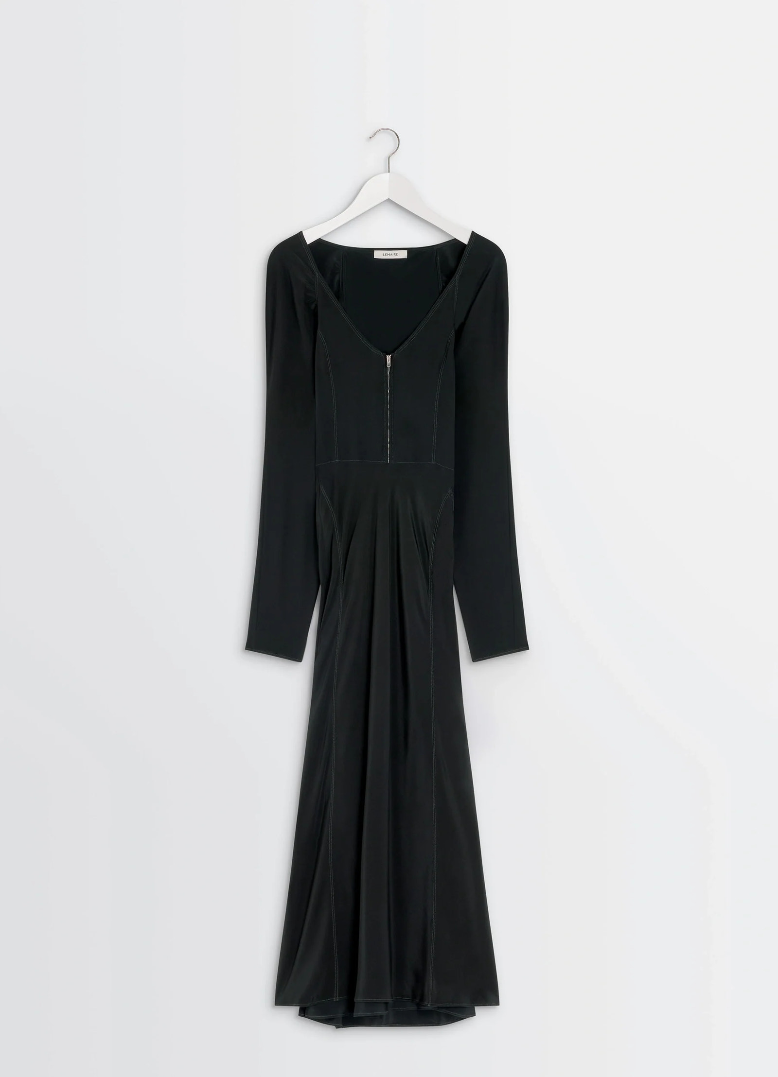 Bias cut dress in black silk crepe de chine, product shot, hanging view long sleeves, v-neck