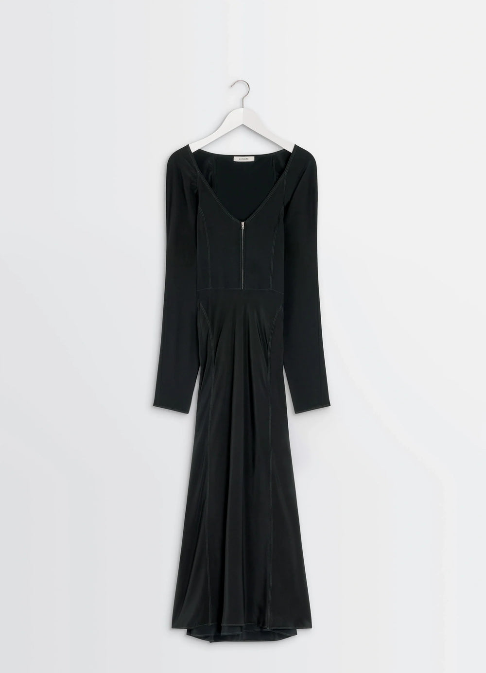BIAS CUT DRESS in Black Silk Crepe de Chine, product shot, hanging view long sleeves, v-neck