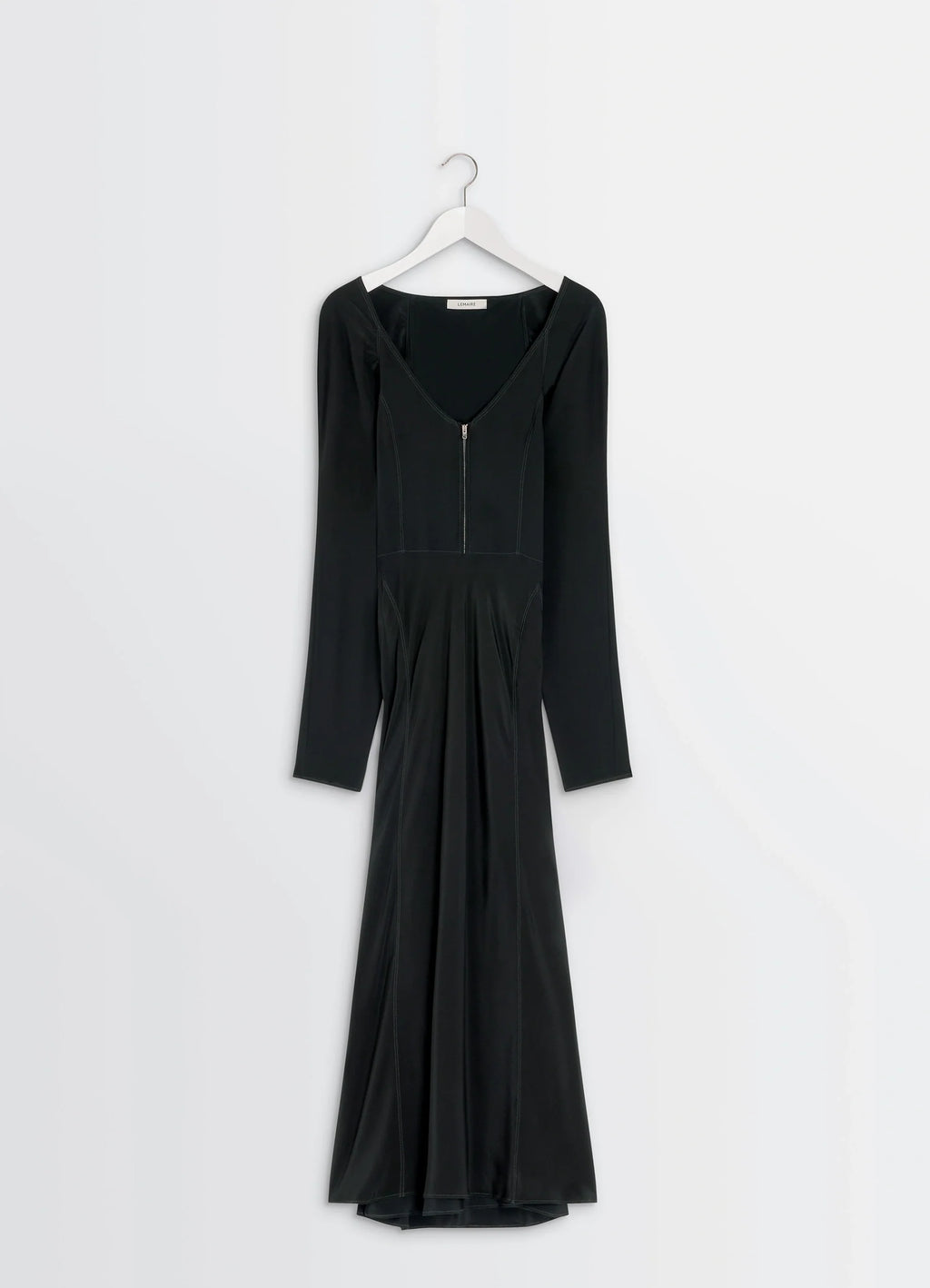 BIAS CUT DRESS in Black Silk Crepe de Chine, product shot, hanging view long sleeves, v-neck