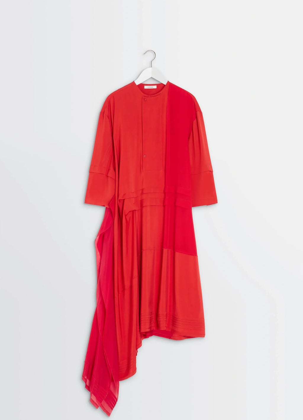 Blouse Dress with Pleats in Patchwork Crêpe de Chine, product shot, hanger view pleated asymmetrical hem