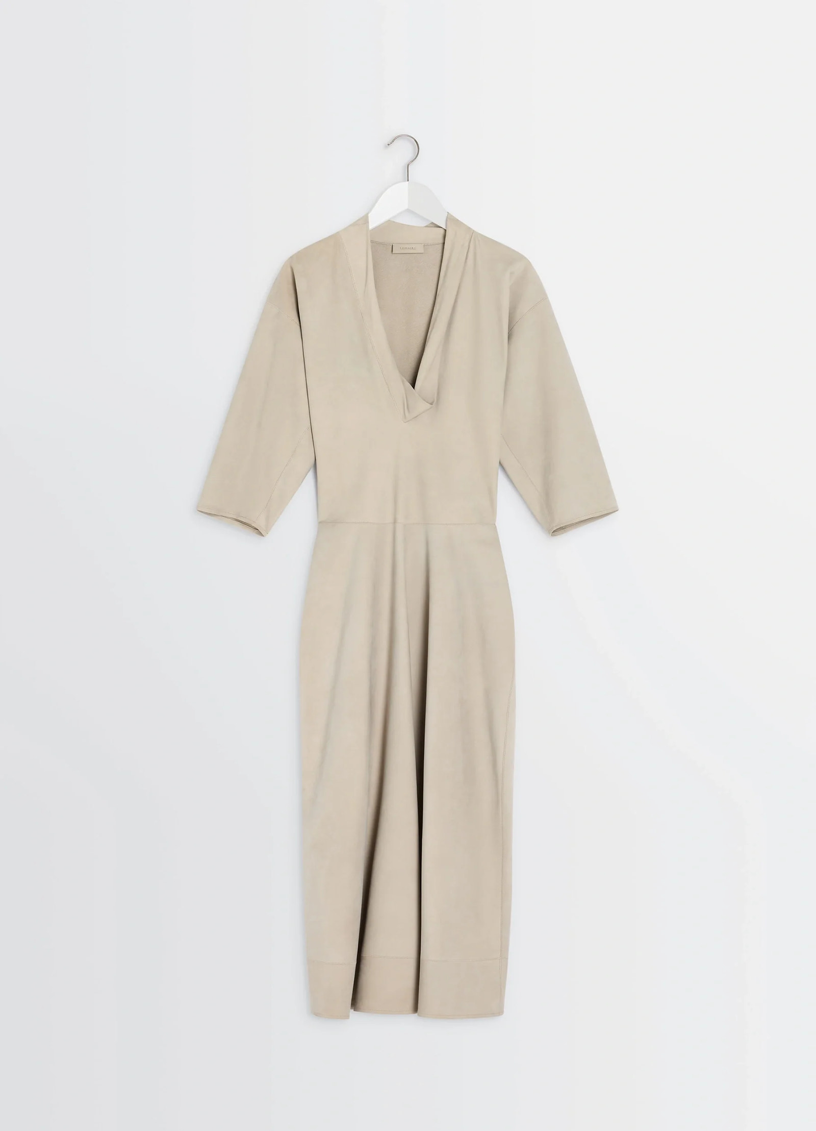 Leather v-neck dress in nubuck leather, product shot, hanger display view 3/4 sleeves, v-neck