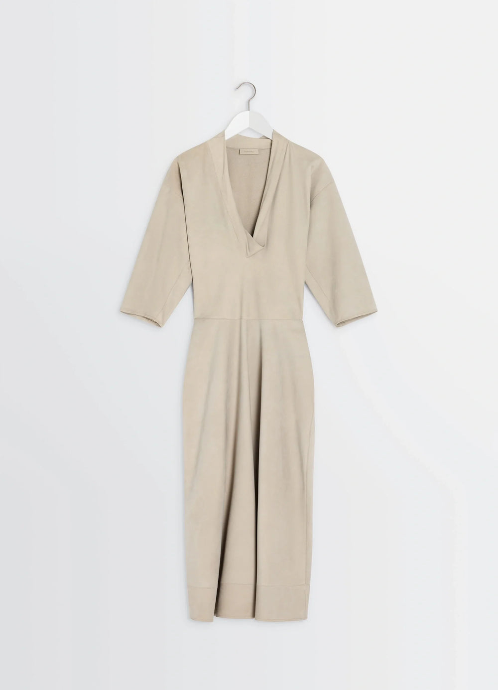 Leather V-Neck Dress in Nubuck Leather, product shot, hanger display view 3/4 sleeves, v-neck