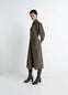 Lemaire Leather V-Neck Dress in Nubuck Leather, model shot, Side View Fitted with Midi Length
