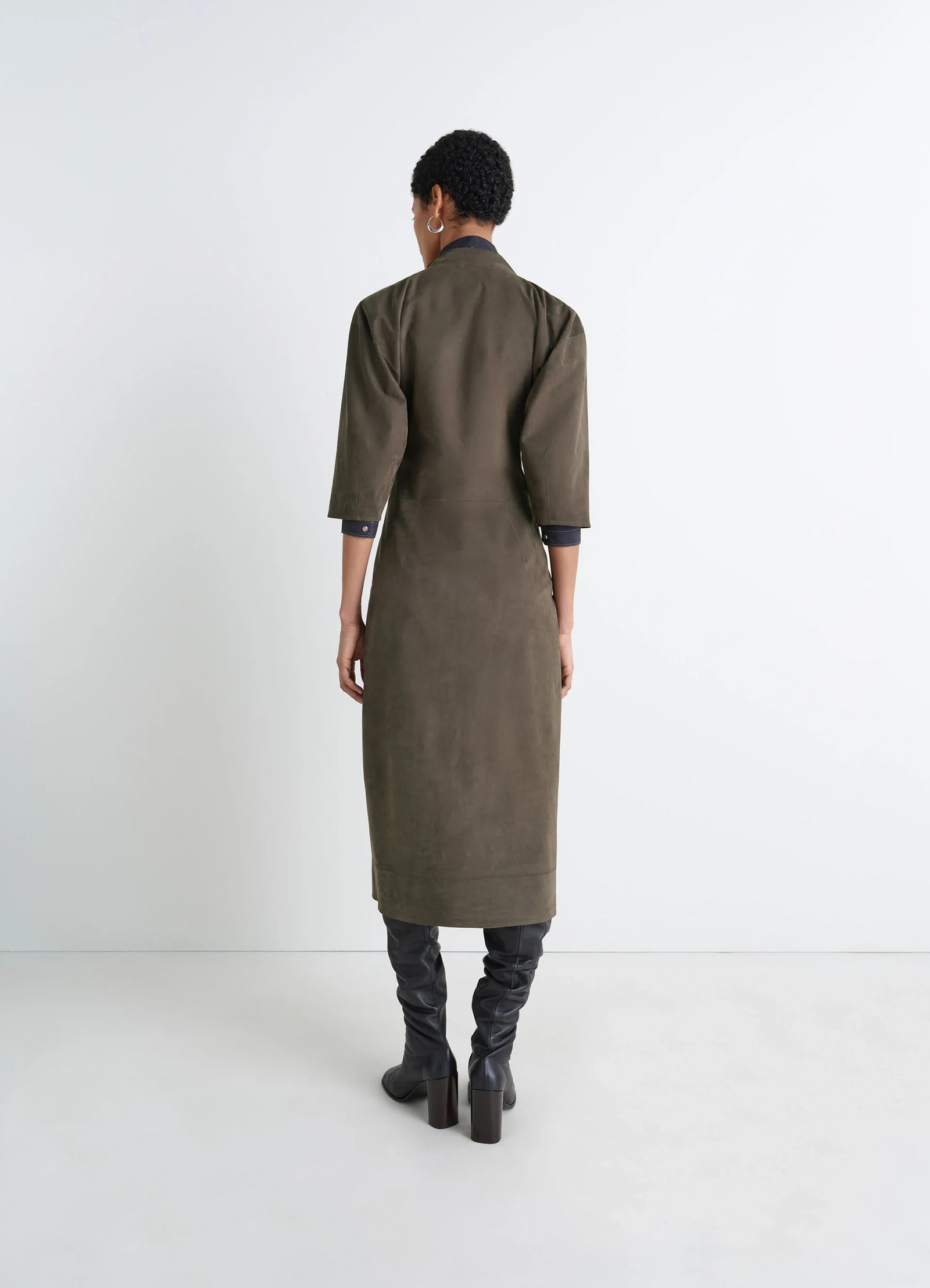 LEATHER V-NECK DRESS - Dark Khaki - Light Nubuck - Women | LEMAIRE LEATHER V-NECK DRESS - Dark Khaki - Light Nubuck - Women | LEMAIRE