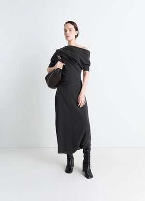 Twisted Hem Dress in Wool Viscose-Blend Interlock, model shot, Front view Draped silhouette