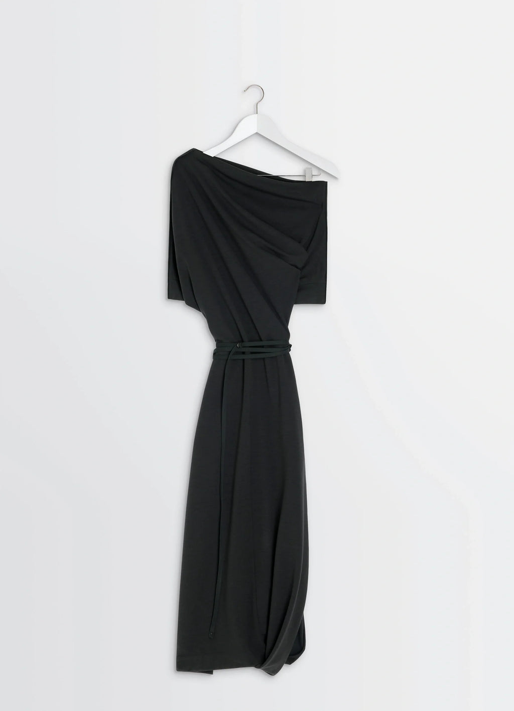 Twisted Hem Dress in Wool Viscose-Blend Interlock, product shot, hanger display shot slouchy draped sleeve