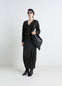 Lemaire V-Neck Dress in Black Viscose Crepe Jersey, model shot, front view draped elements, belted