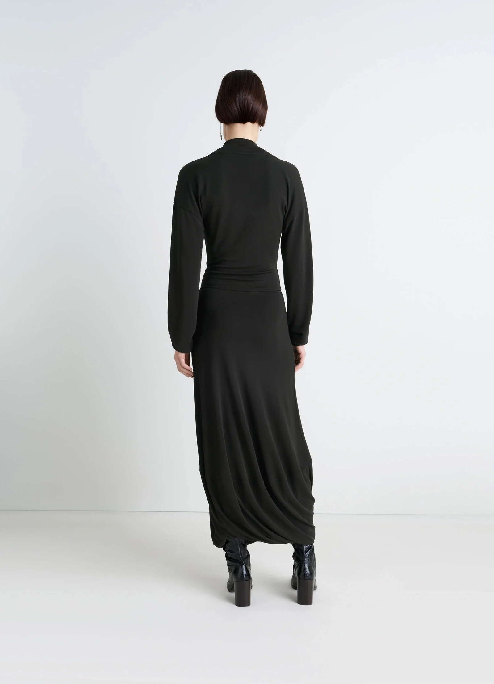 Lemaire v-neck dress in black viscose crepe jersey, model shot, back view draped back detail