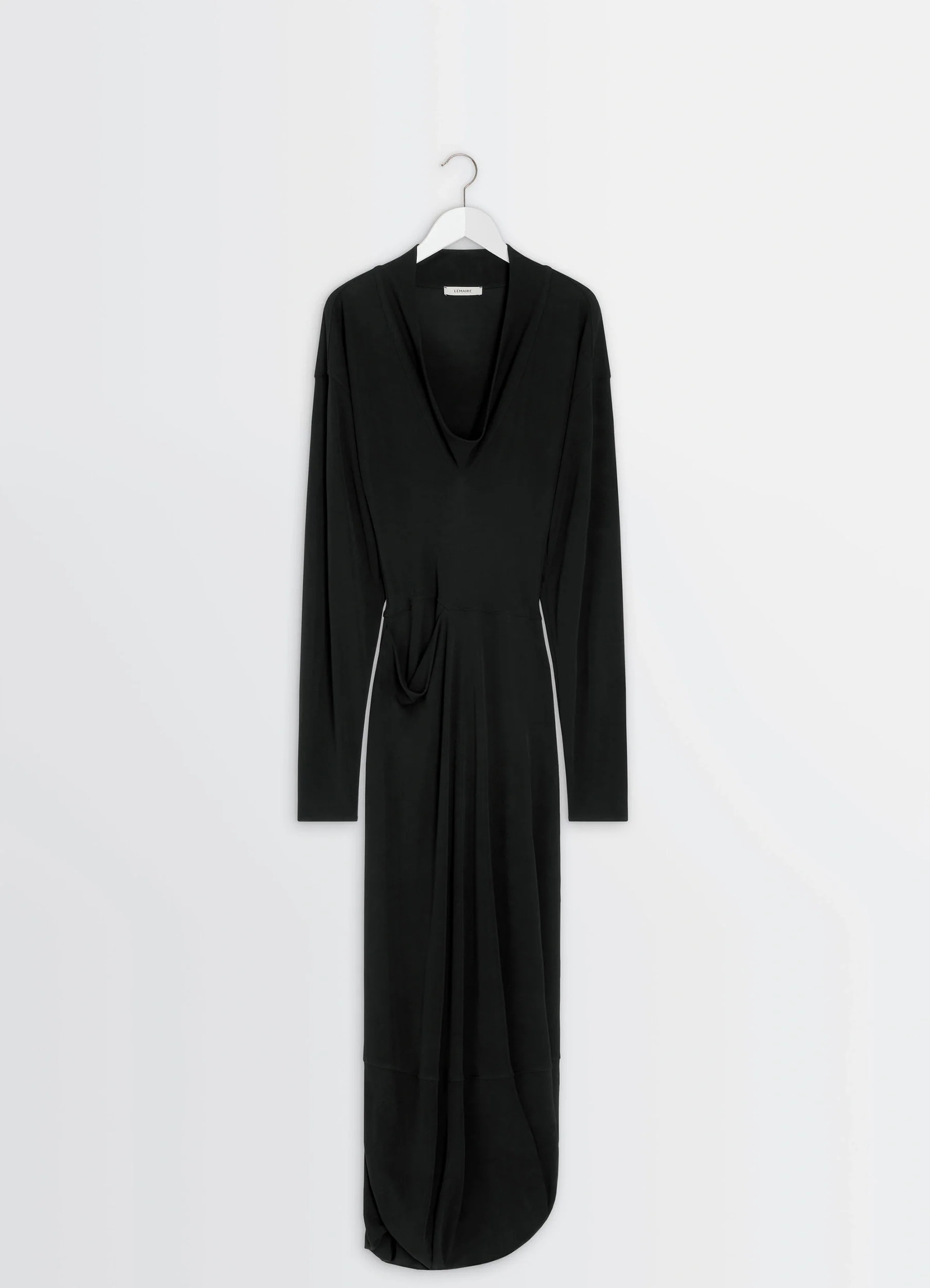 Lemaire v-neck dress in black viscose crepe jersey, product shot, hanger view deep v-neck long dress