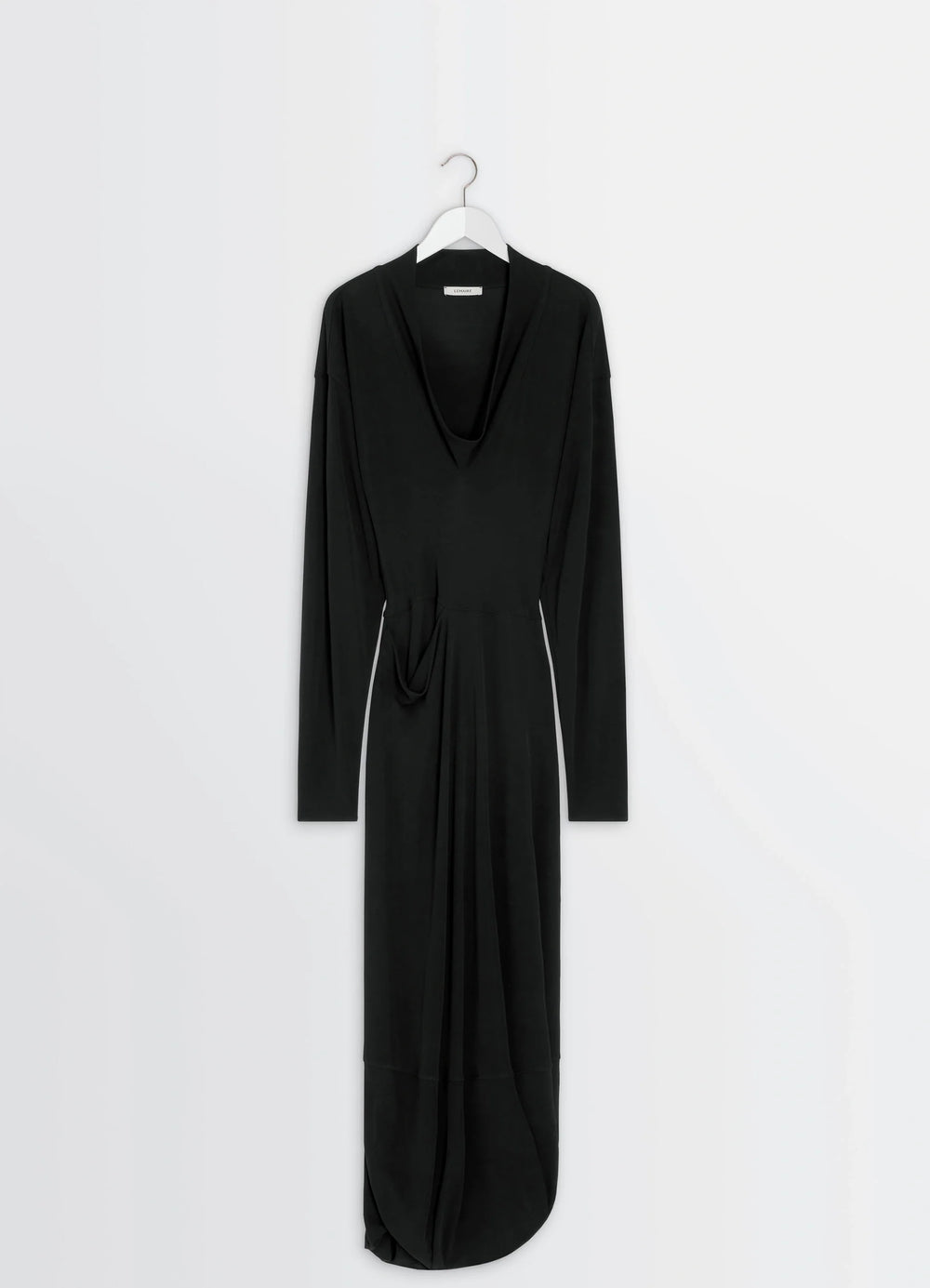 Lemaire V-Neck Dress in Black Viscose Crepe Jersey, product shot, hanger view deep v-neck long dress