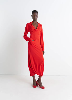 Lemaire V-Neck Dress in Red Viscose Crepe Jersey, model shot, Front view Draped long sleeve fit