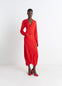 Lemaire V-Neck Dress in Red Viscose Crepe Jersey, model shot, Front view Draped long sleeve fit