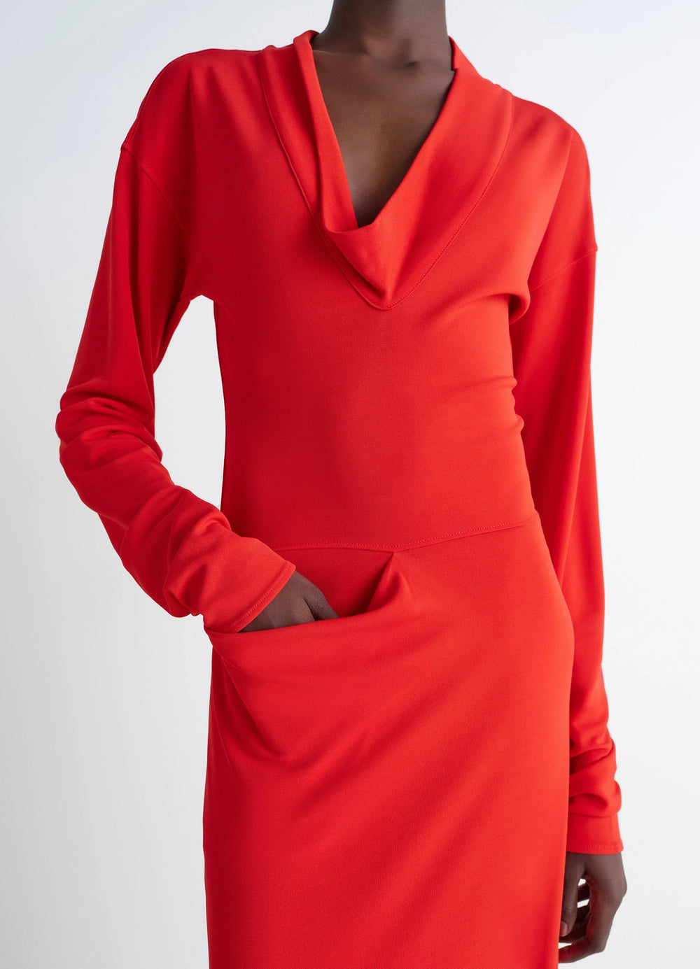 Lemaire V-Neck Dress in Red Viscose Crepe Jersey, model shot, three-quarter side view draped neck detail