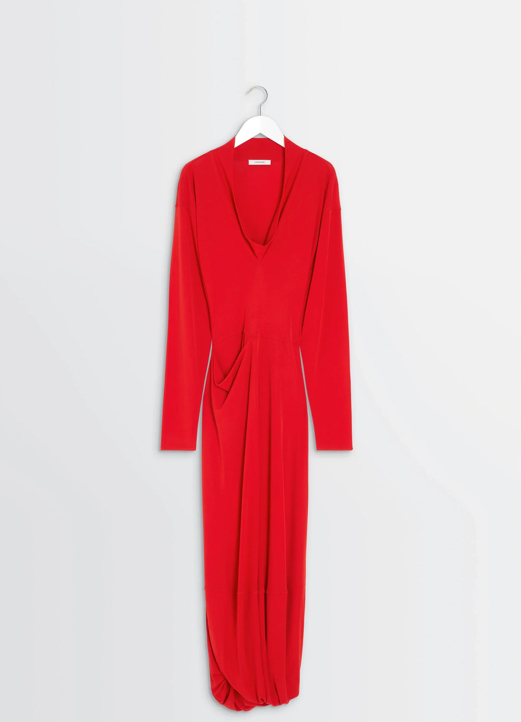 Lemaire V-Neck Dress in Red Viscose Crepe Jersey, product shot, hanger view draped skirt silhouette