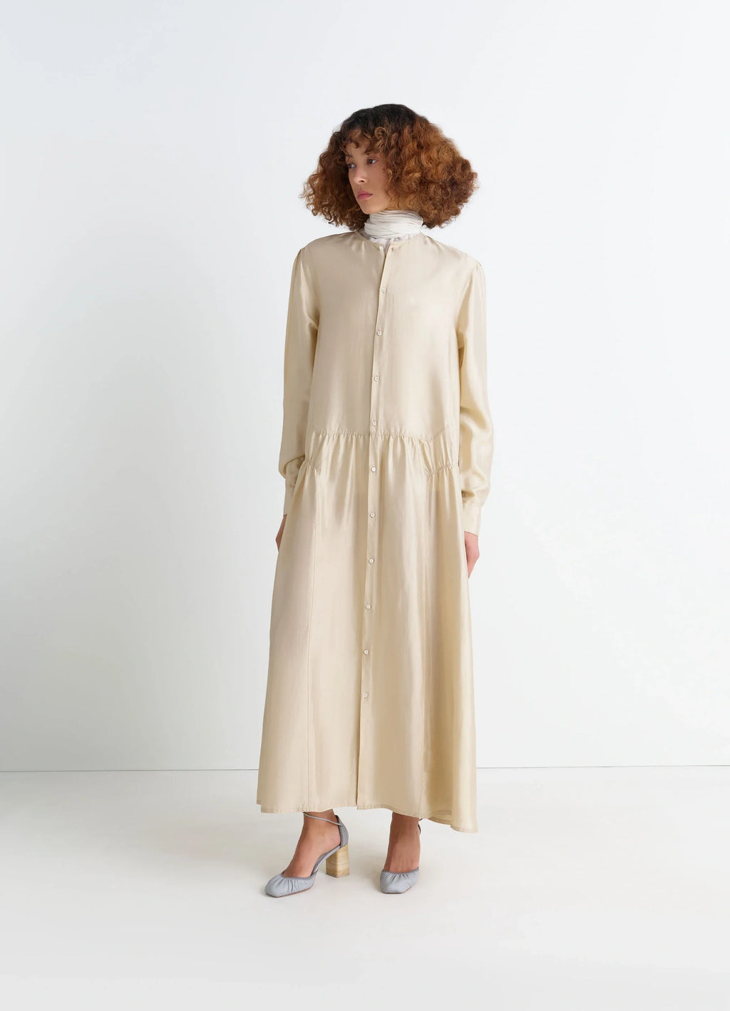 Lemaire Buttoned Dress in Soft Shiny Silk, model shot, Front view Gathered volume