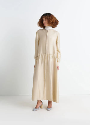 Lemaire Buttoned Dress in Soft Shiny Silk, model shot, Front view Gathered volume