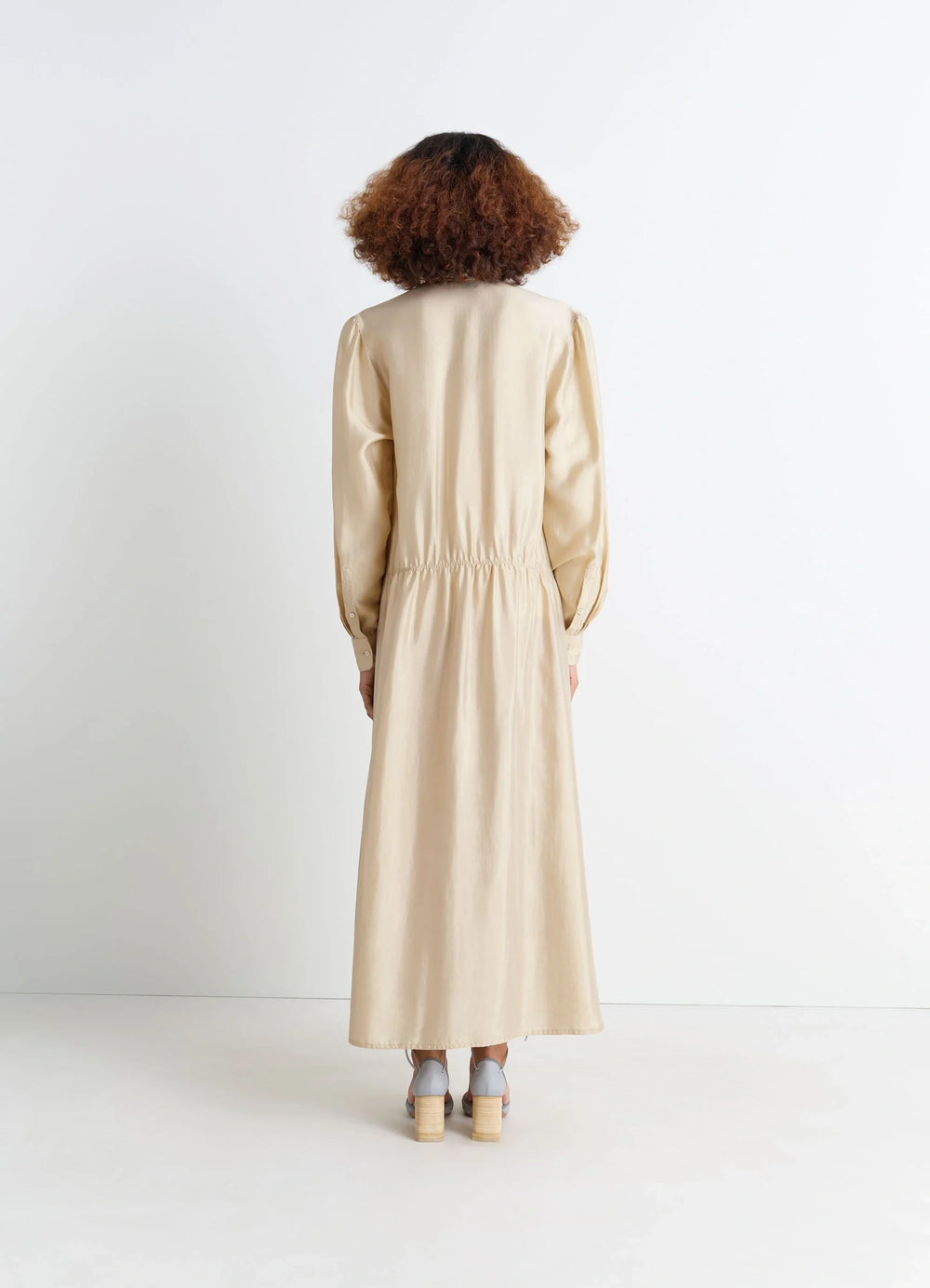 Lemaire Buttoned Dress in Soft Shiny Silk, model shot, back view elastic waist