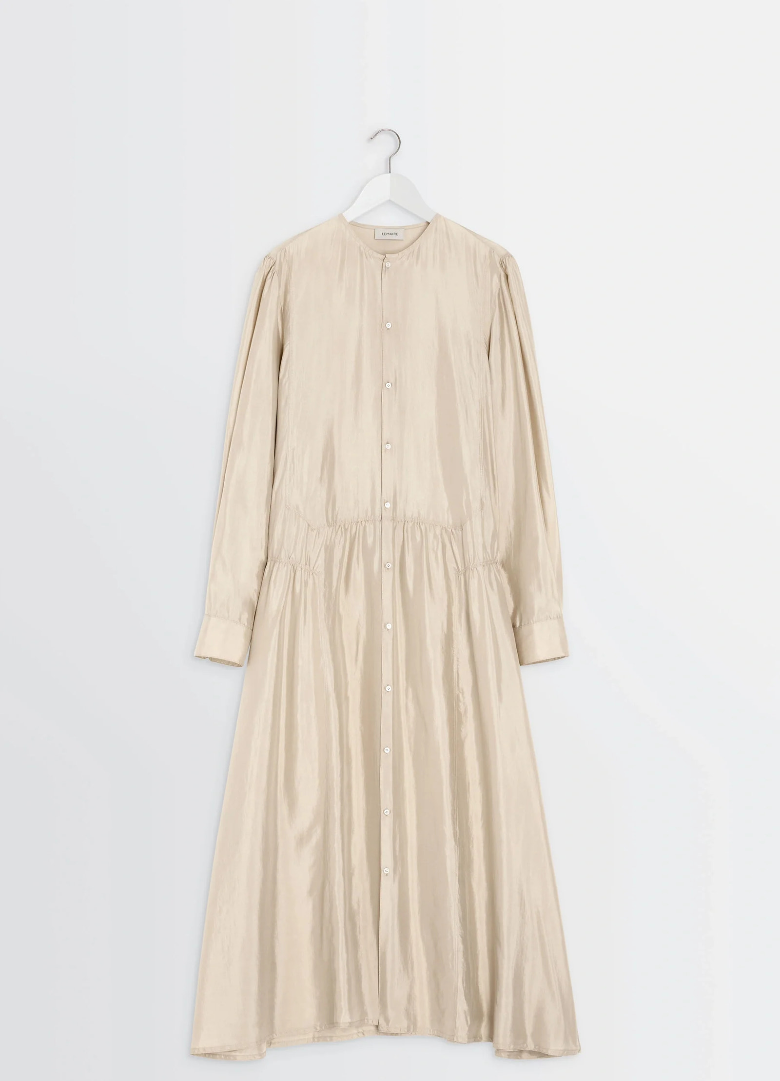 Lemaire buttoned dress in soft shiny silk, product shot, hanger display view gathered waist detail