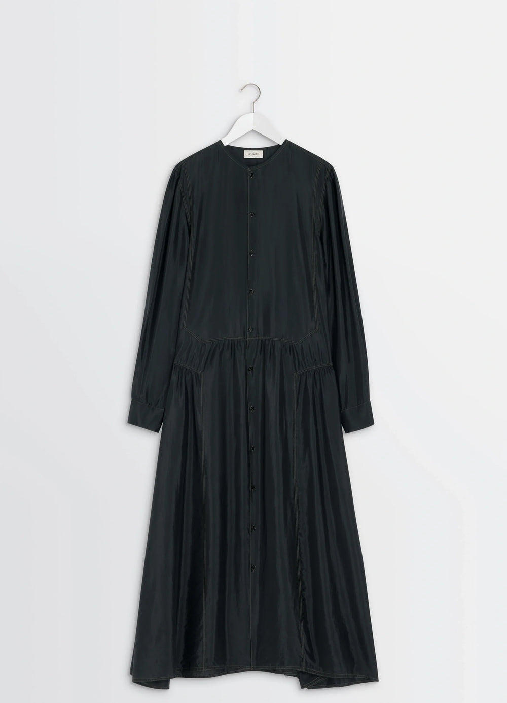 Lemaire Buttoned Dress in Silk Soft Shiny Black, product shot, hanger shot view clean hemline detail