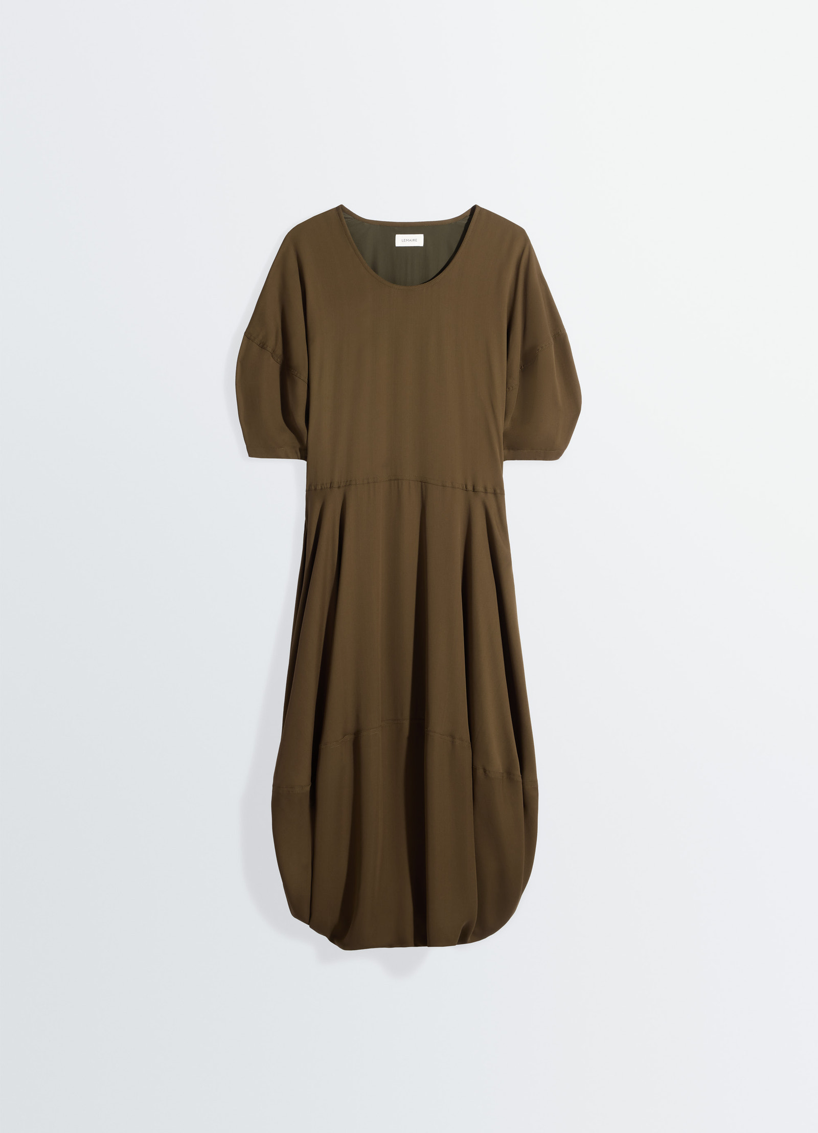 Lemaire balloon dress in crepe de chine viscose, product shot, front hanging view dropped shoulder design