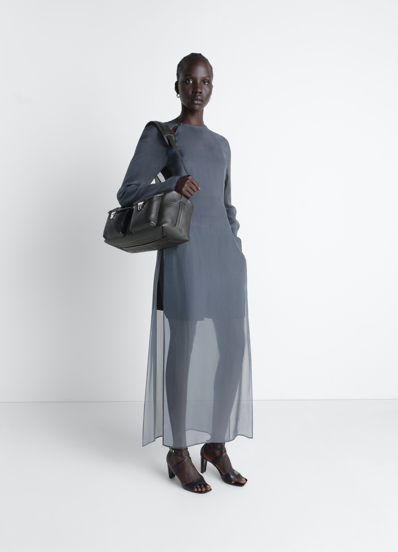 Dress with slits in transparent cup in transparent cupro, model shot, front view tunic style with side slits