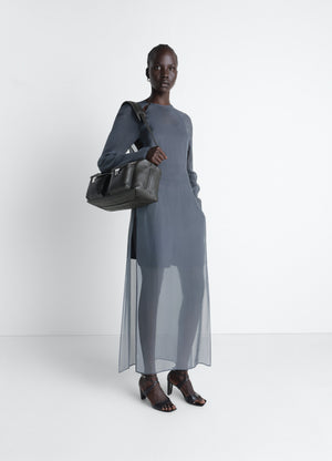Dress with slits in transparent cup in transparent cupro, model shot, front view tunic style with side slits