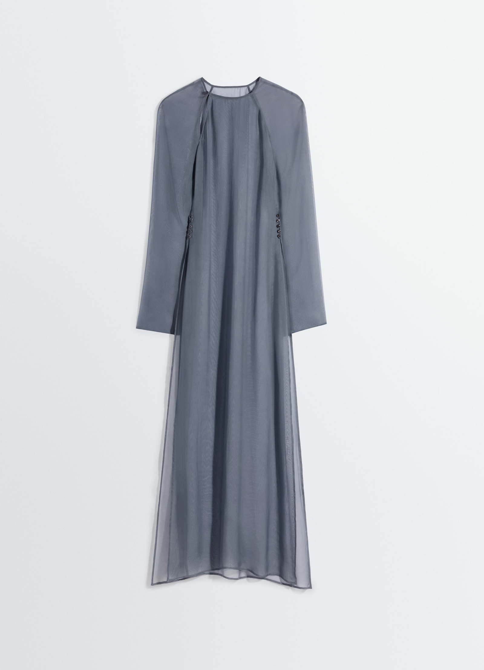Dress with slits in transparent cup in transparent cupro, product shot, hanging front view sheer fabric layered look
