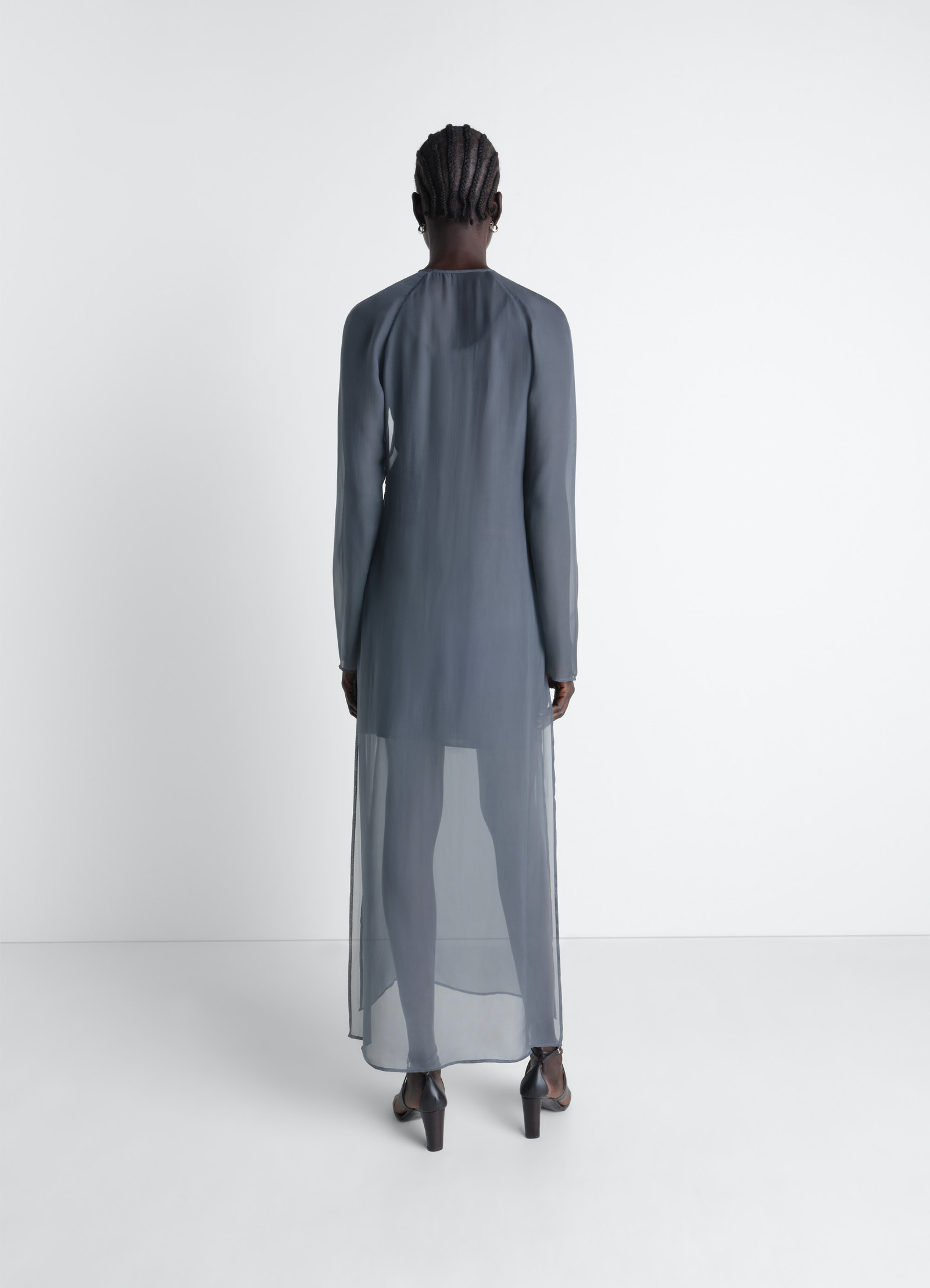 Dress with slits in transparent cup in transparent cupro, model shot, back view sheer long sleeve full length