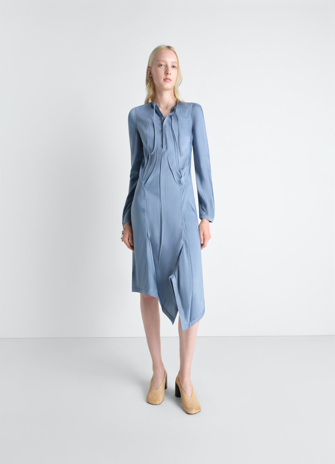 Creased Bias Dress in Poly Viscose in Poly Viscose Twill, model shot, front view hip cut-outs, bias-cut skirt