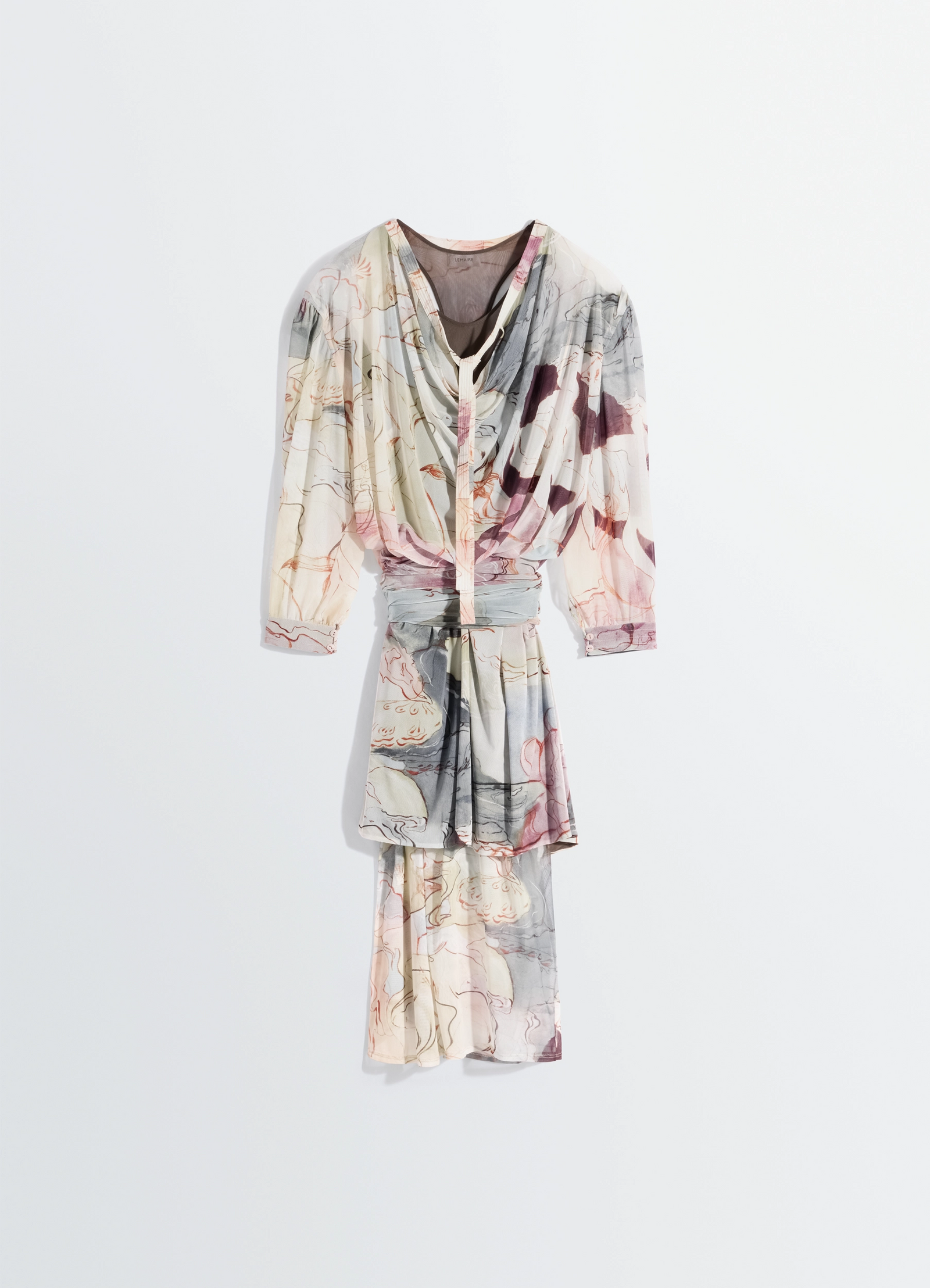 Double layer dress in mesh in colorful transparent mesh, product shot, top-down view cinched belt waist