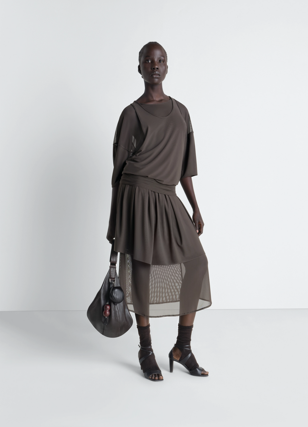 Double Layer Dress in Mesh in Transparent Mesh, model shot, Front view Draped waist, elegant