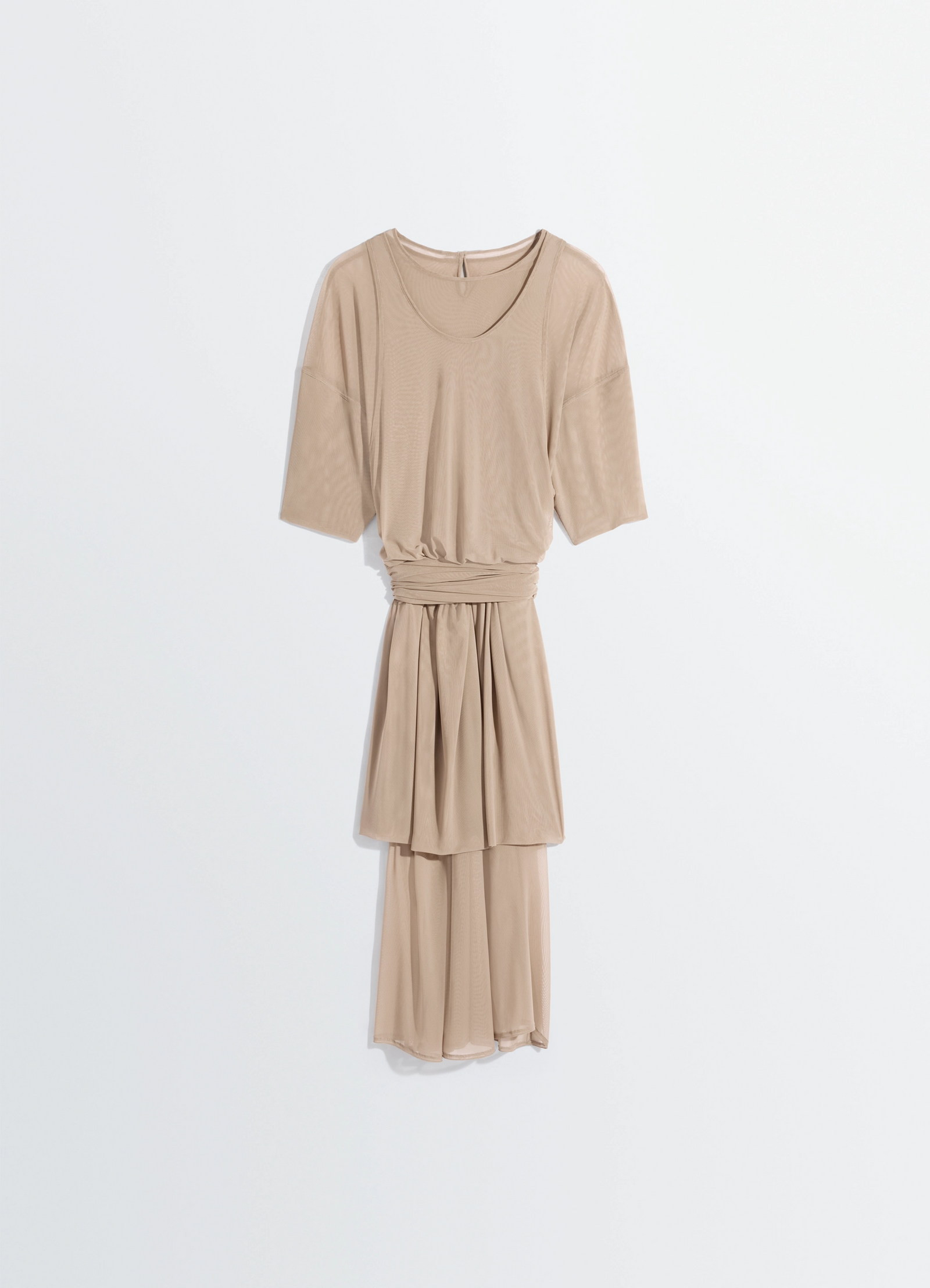 Double layer dress in mesh in transparent mesh, product shot, hanging flat layered waist-cinching design