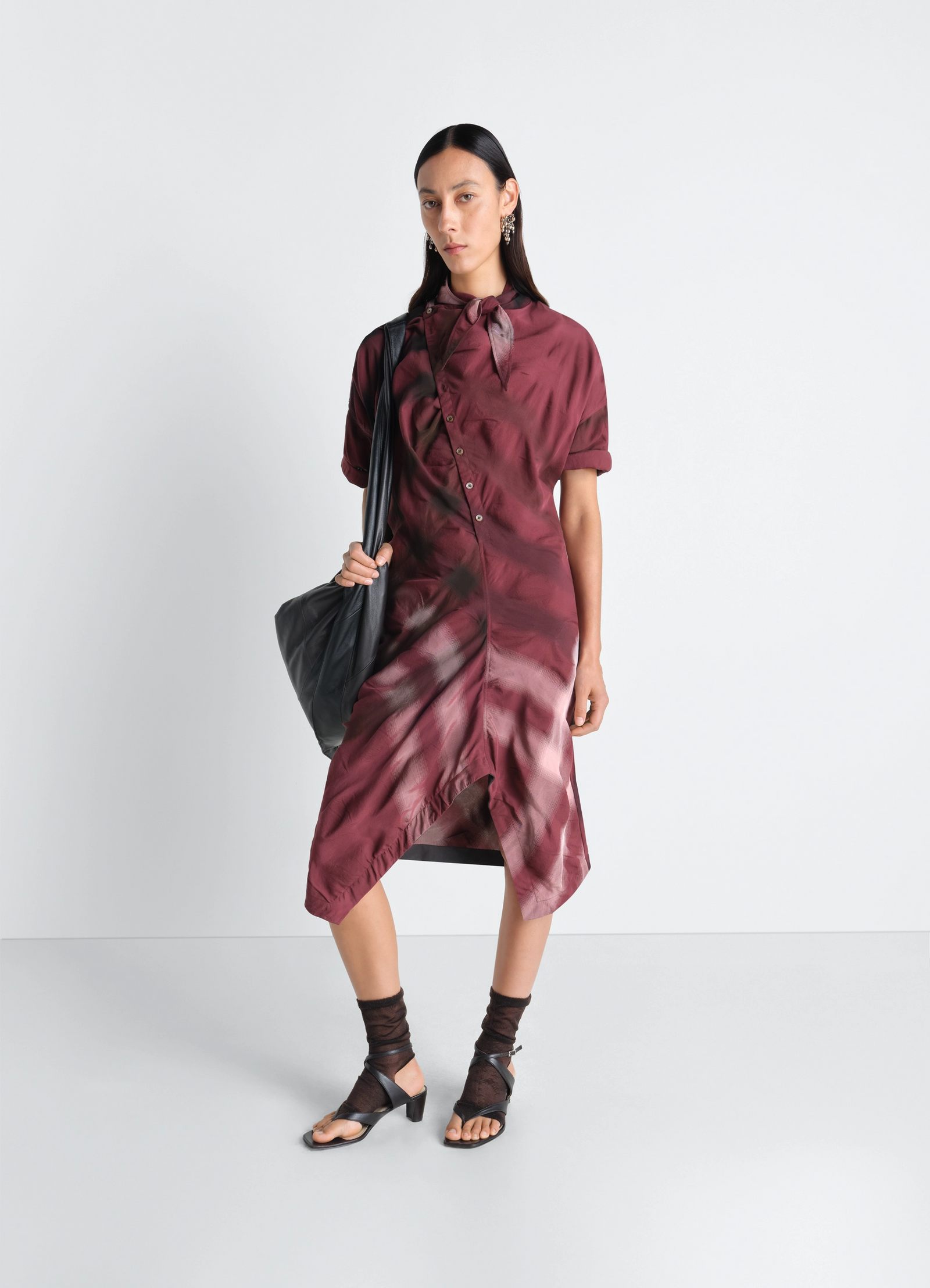 Soft collar dress in viscose cotton in reddish check viscose cotton, model shot, front view asymmetric shirtdress cowl neck