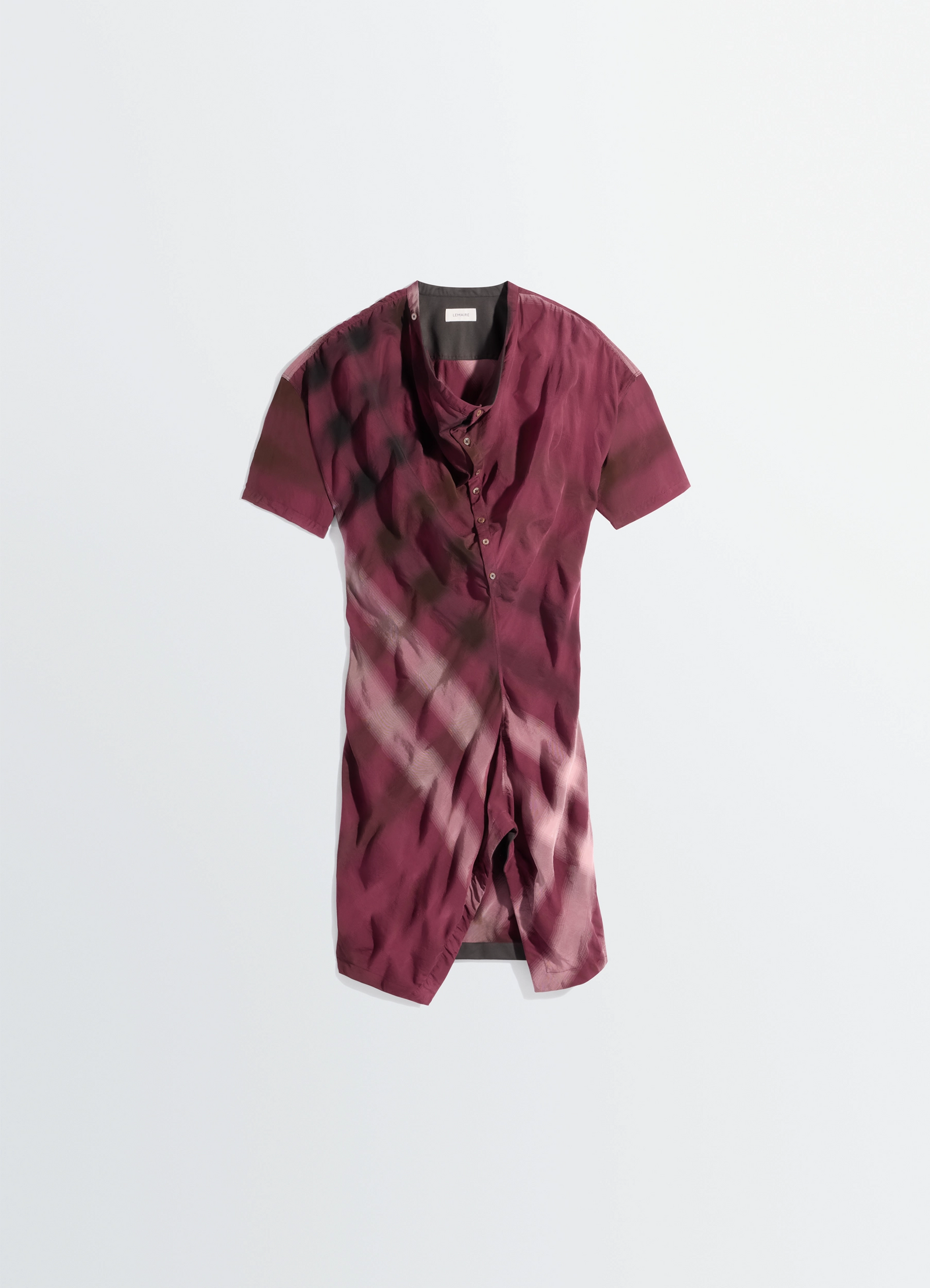Soft collar dress in viscose cotton in reddish check viscose cotton, product shot, overhead view short sleeve drape