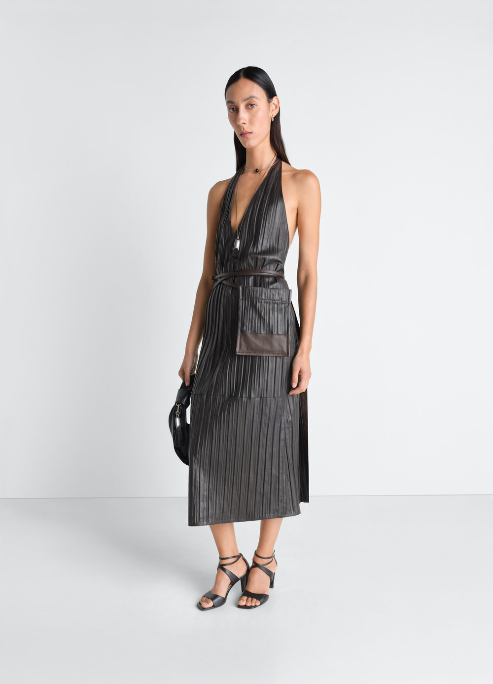 LEATHER APRON DRESS IN CRINKLE LAMB LEATHER
