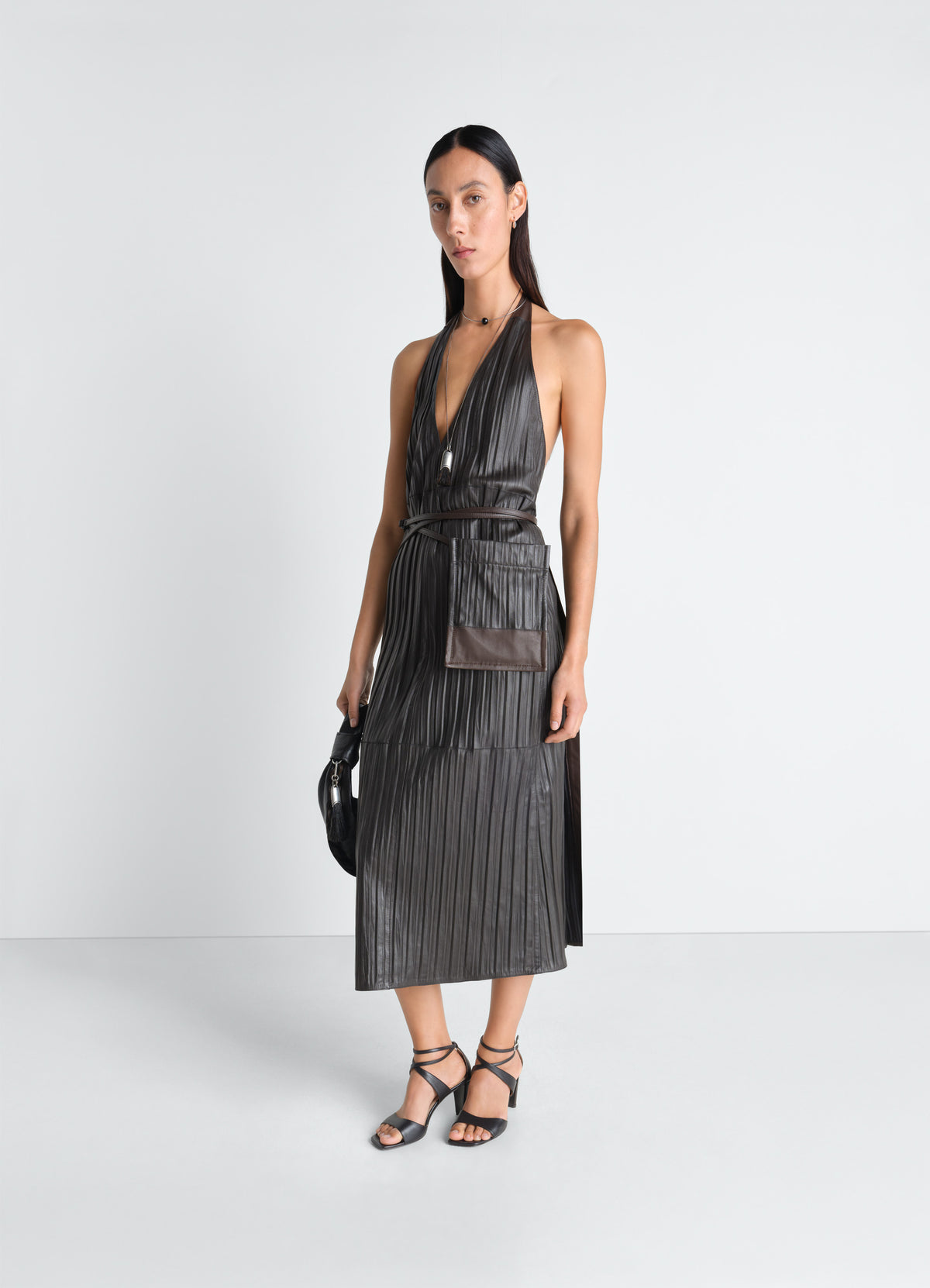 LEATHER APRON DRESS IN CRINKLE LAMB LEATHER