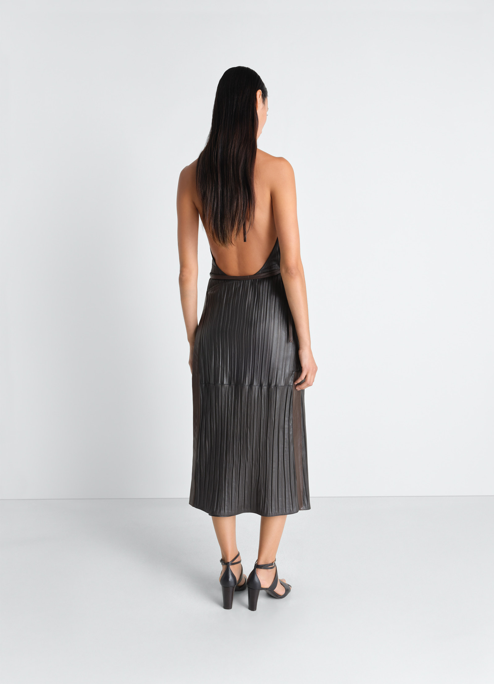 Leather apron dress in crinkle lamb leather