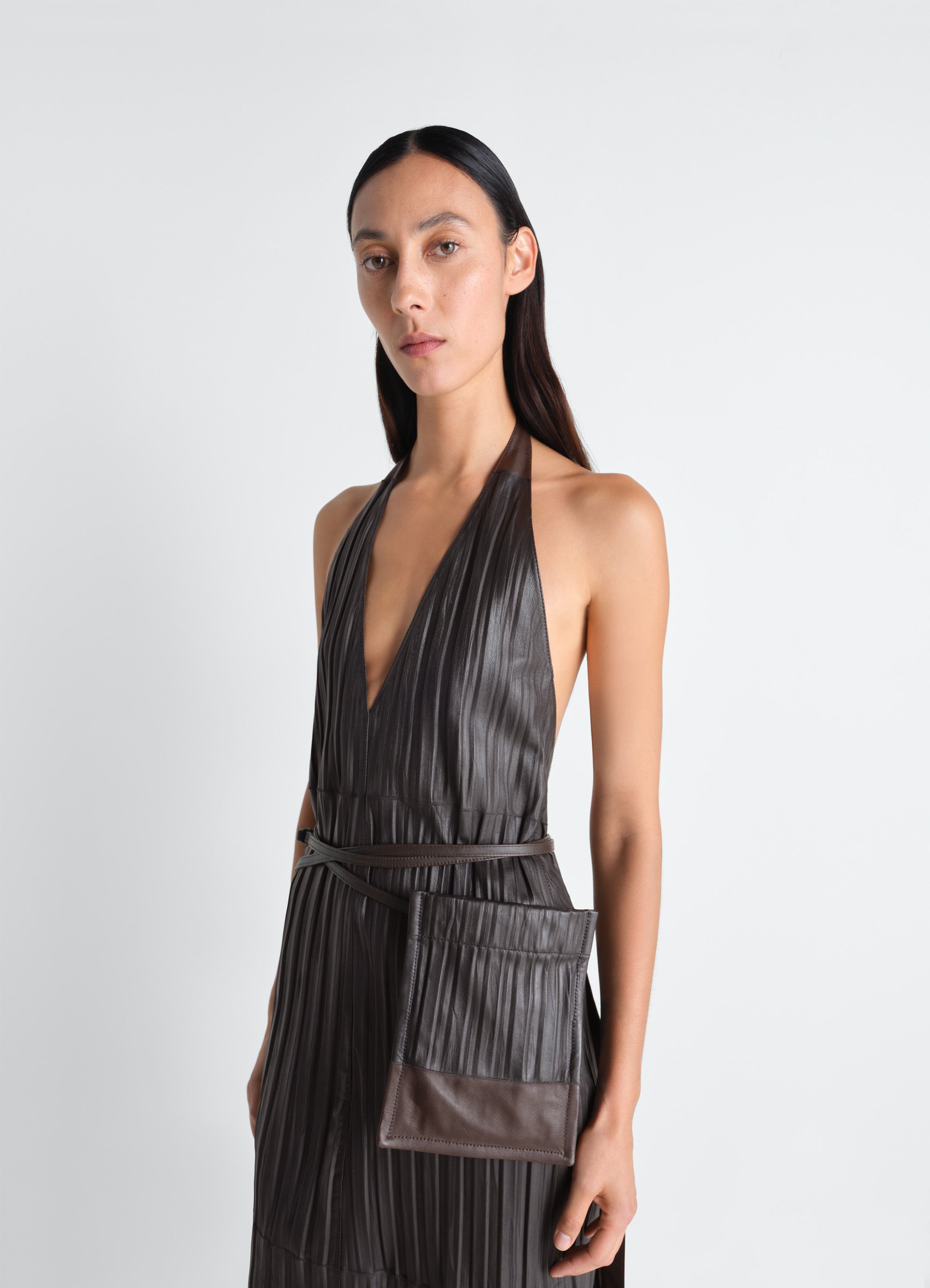 larme LEATHER APRON DRESS IN CRINKLE LAMB LEATHER - Espresso - Crinkle