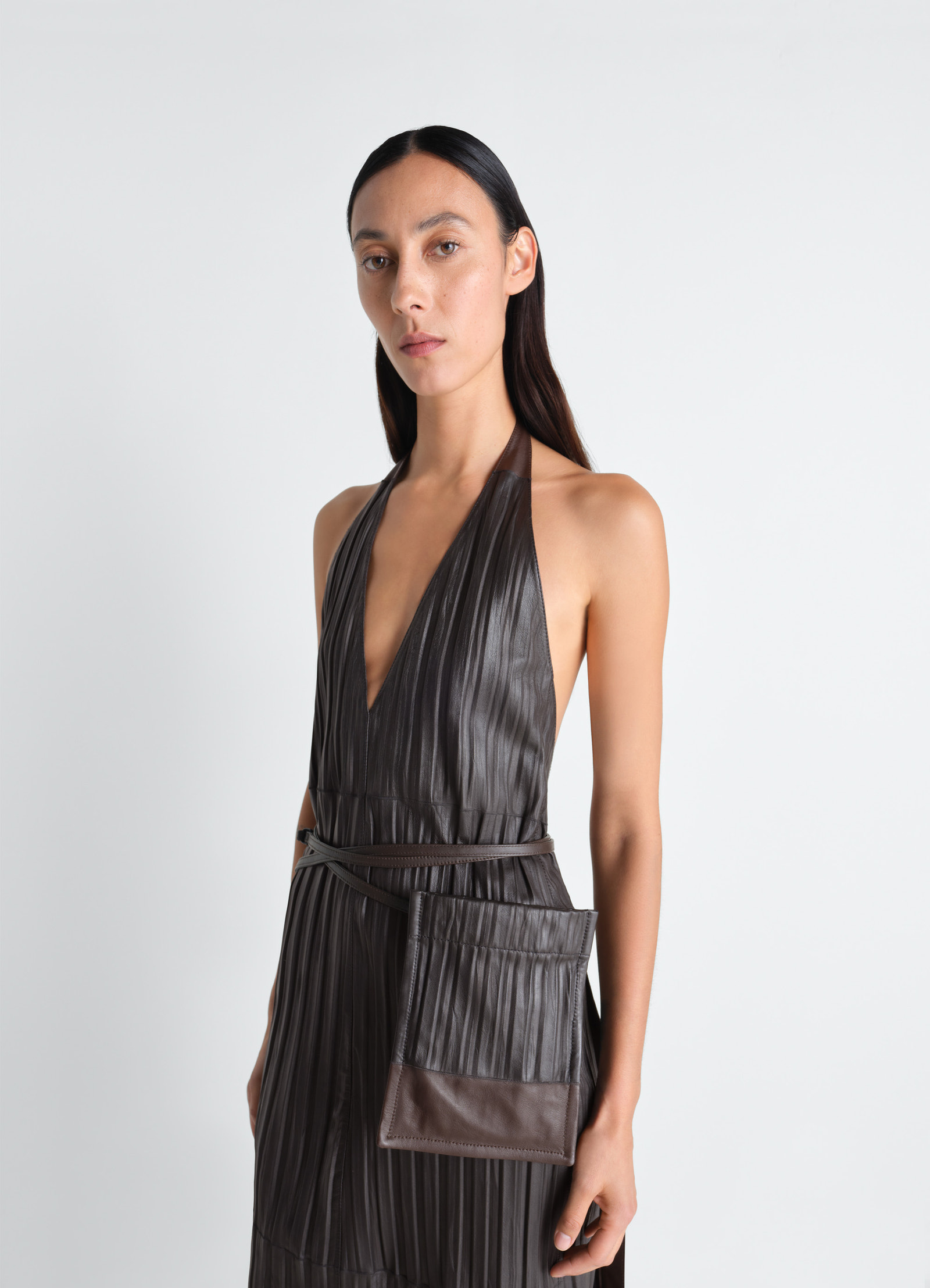 Leather apron dress in crinkle lamb leather