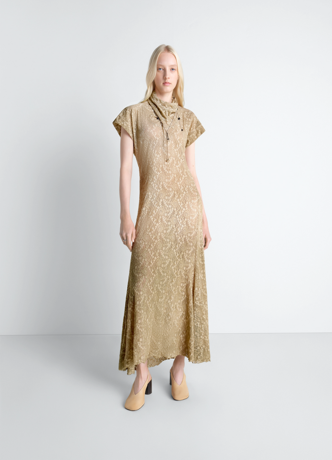 Long Foulard Dress in Lace in Gold Lace, model shot, Front view Fitted cut