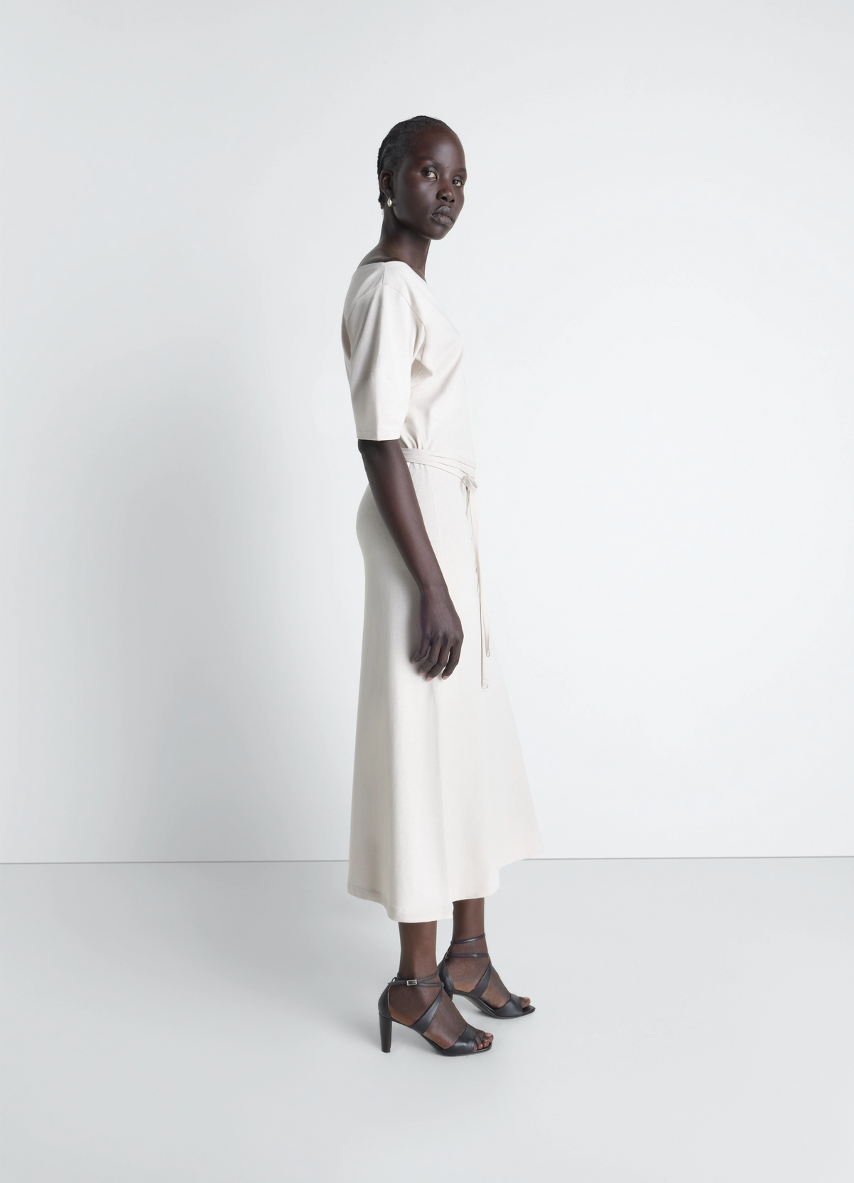 OFF SHOULDER DRESS IN JERSEY - Pearl - Heavy Cotton Linen Jersey