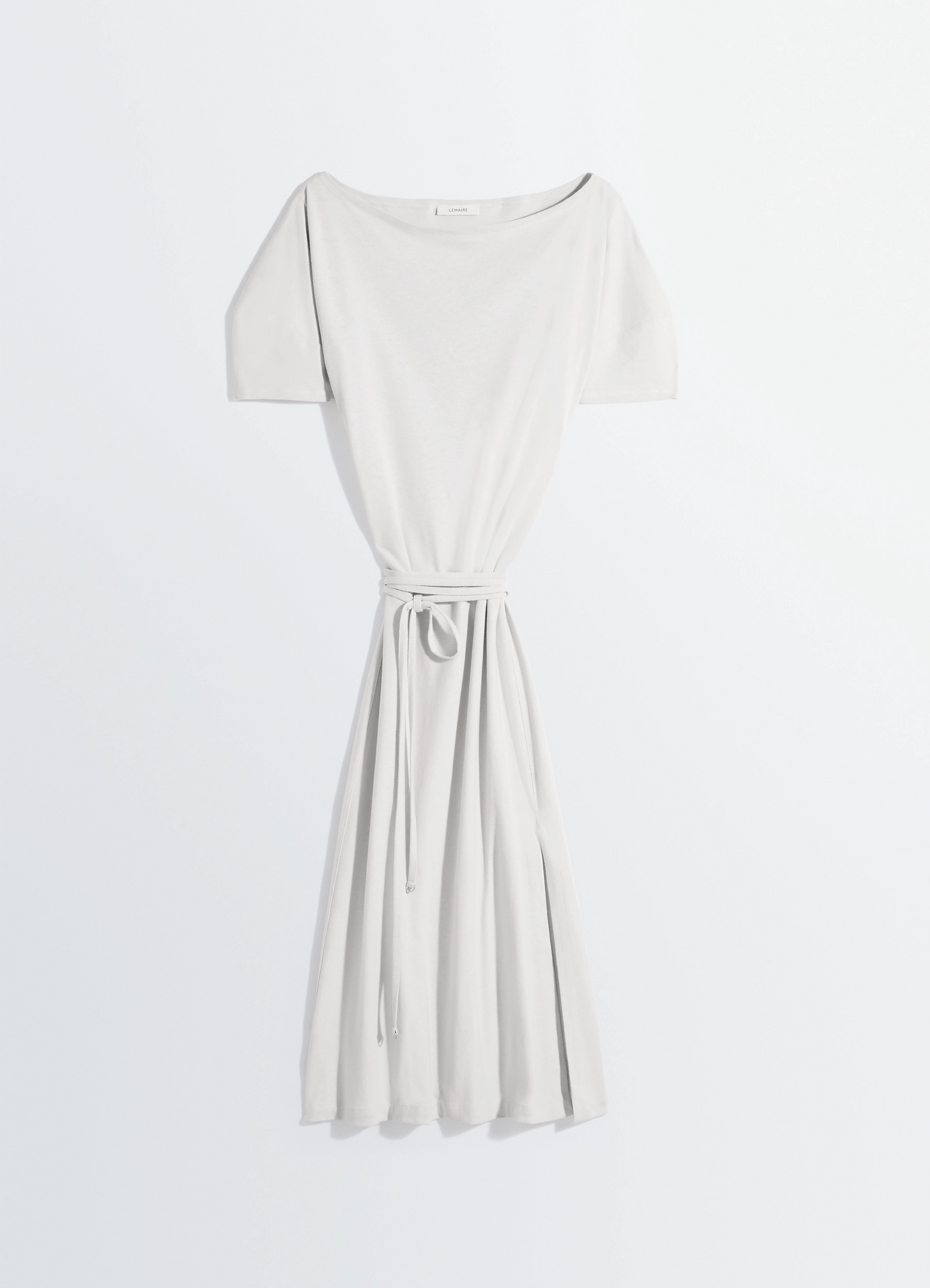 Off shoulder dress in jersey in thick cotton-and-linen jersey, product shot, hanging display view short sleeve, gathered wais