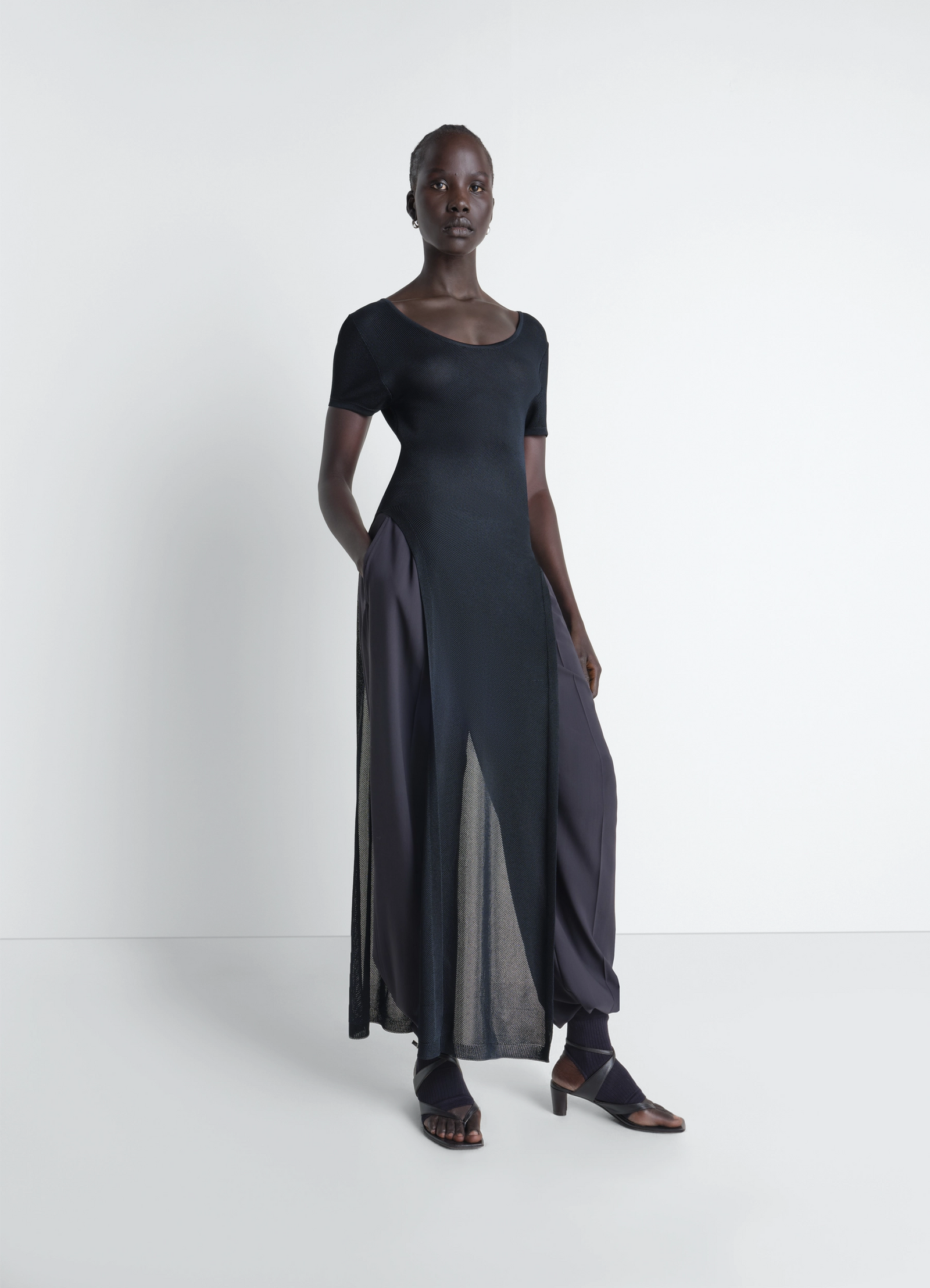 Lemaire column dress in shiny viscose, model shot, front view tunic-like fitted cut