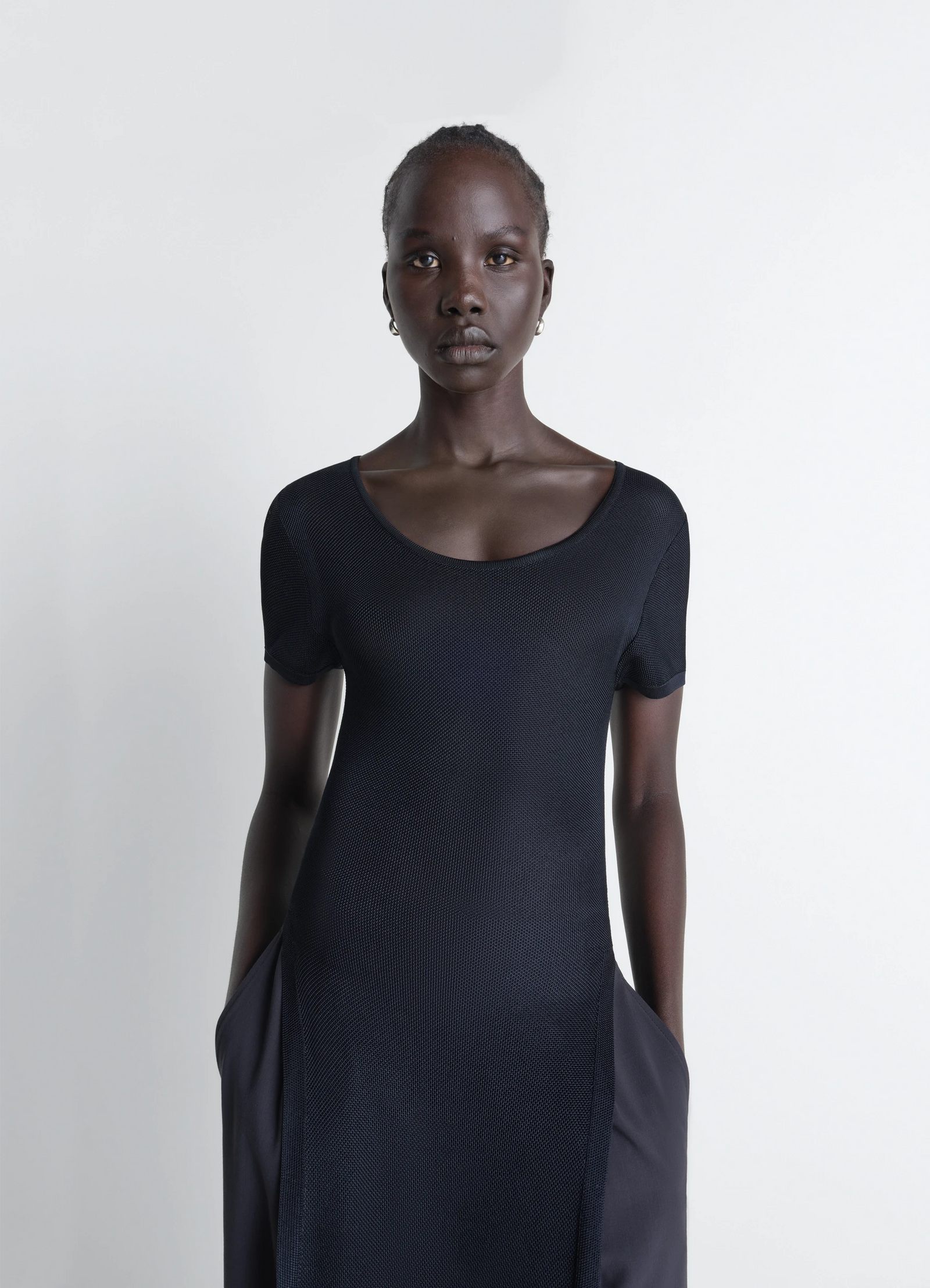 Lemaire column dress in shiny viscose, model shot, mid-length front view short sleeves scoop neck