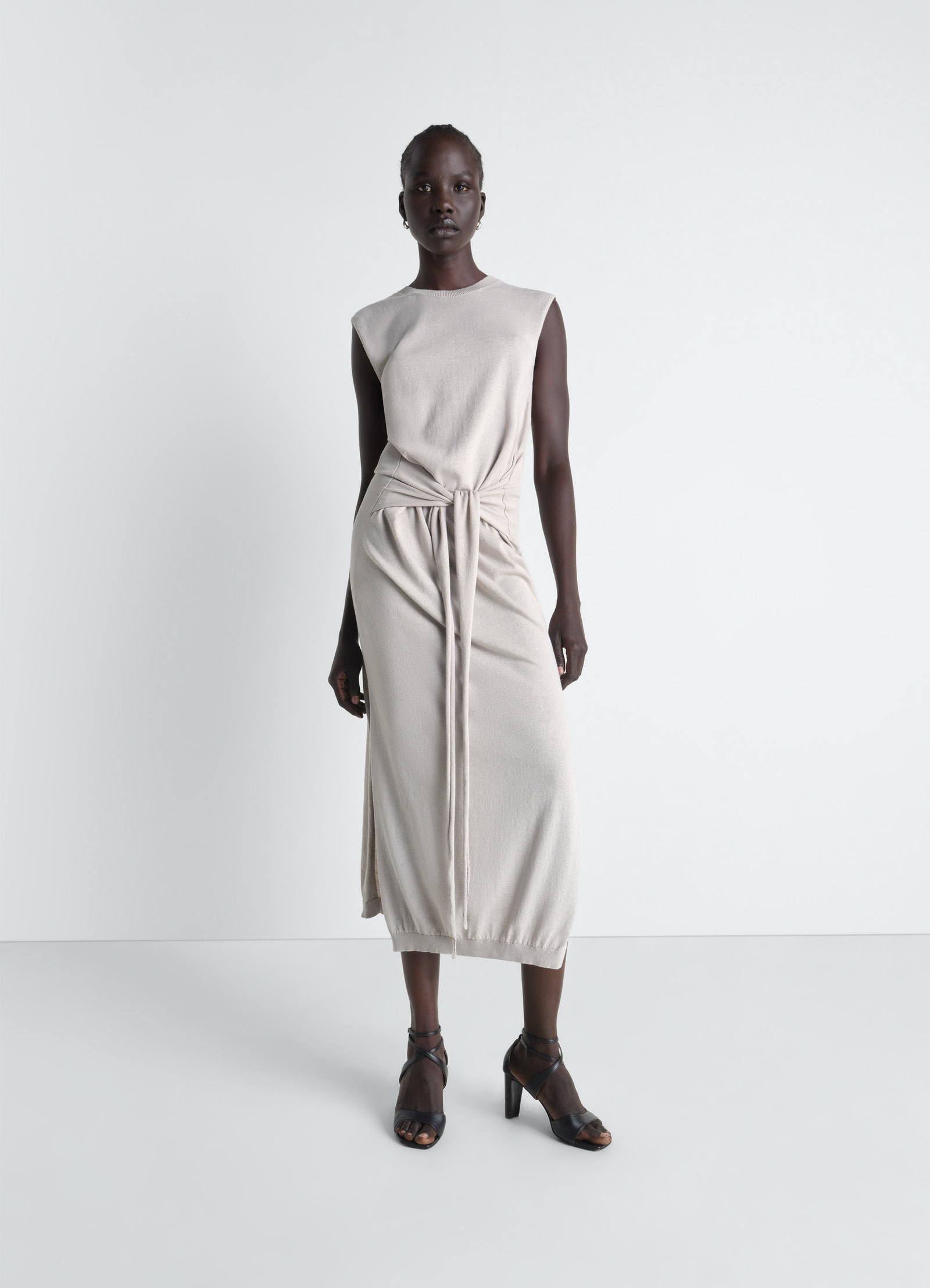 Sleeveless knotted dress in fine cotton crepe, model shot, front view ankle-length, tied waist