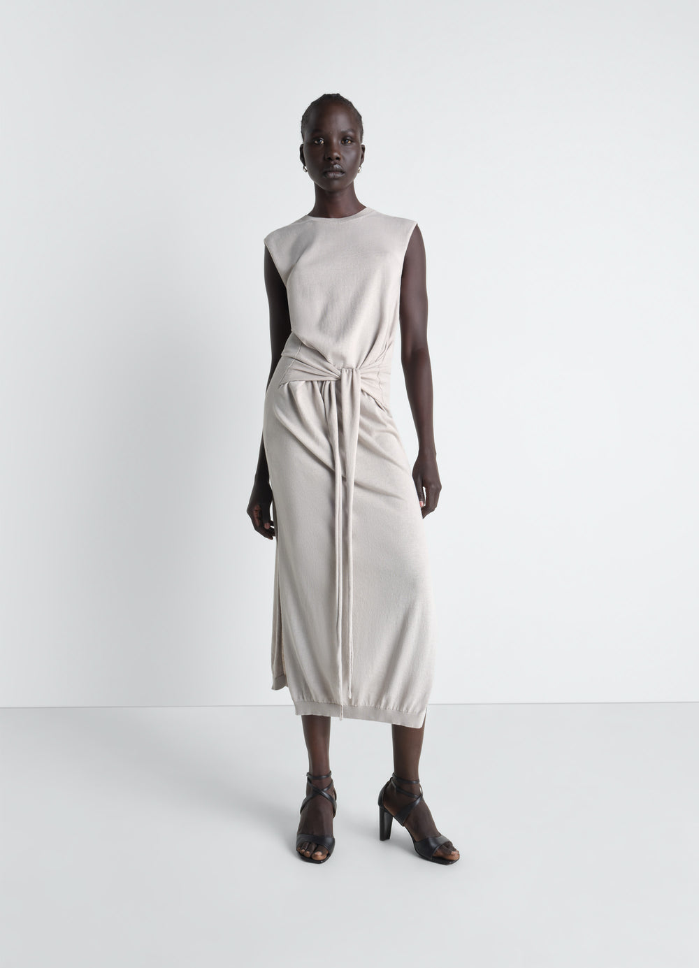 Sleeveless Knotted Dress in Fine Cotton Crepe, model shot, Front view Ankle-length, tied waist