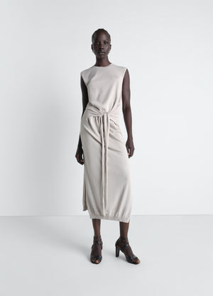 Sleeveless knotted dress in fine cotton crepe, model shot, front view ankle-length, tied waist
