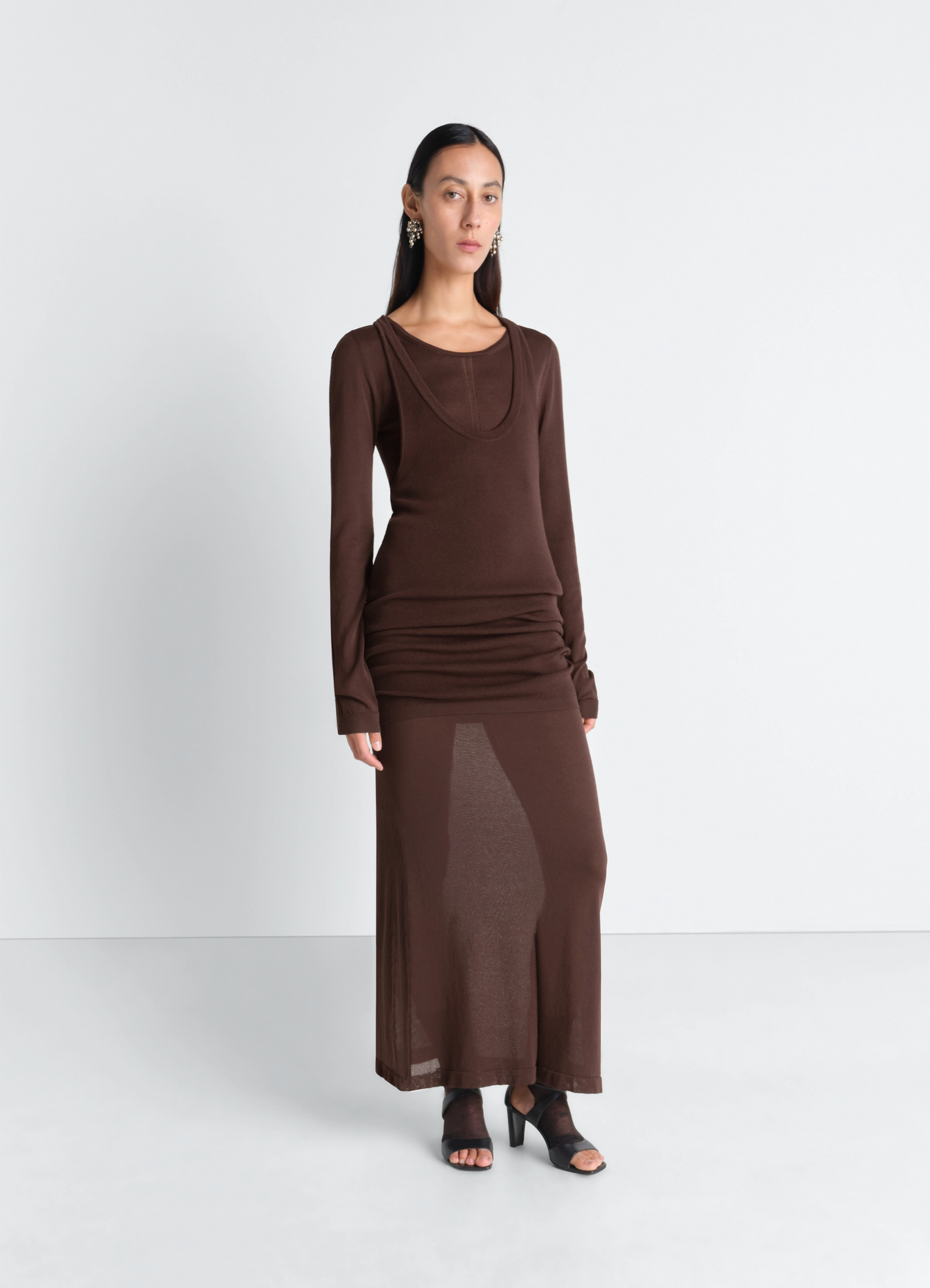 Lemaire long sleeve tube dress in viscose crepe, model shot, front view ankle-length fitted cut