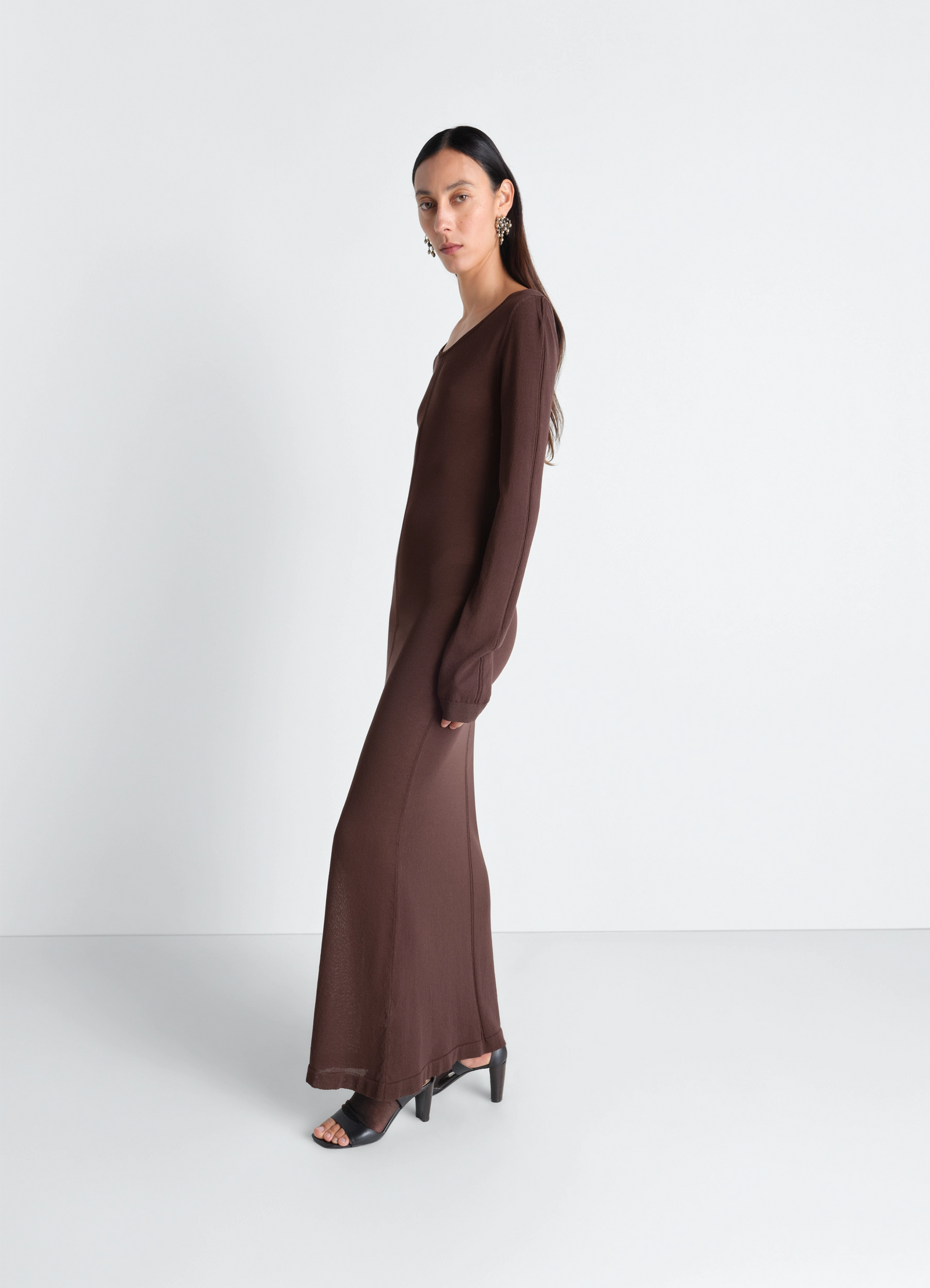 Lemaire long sleeve tube dress in viscose crepe, model shot, side view ankle-length flowy cut