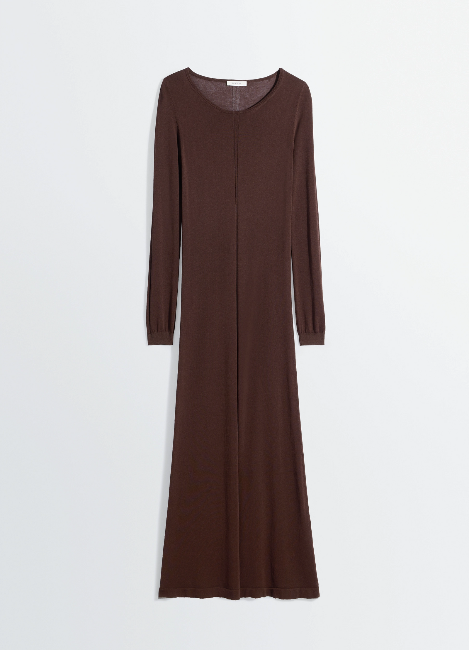 Lemaire long sleeve tube dress in viscose crepe, product shot, flat lay view tailored sleeve fit